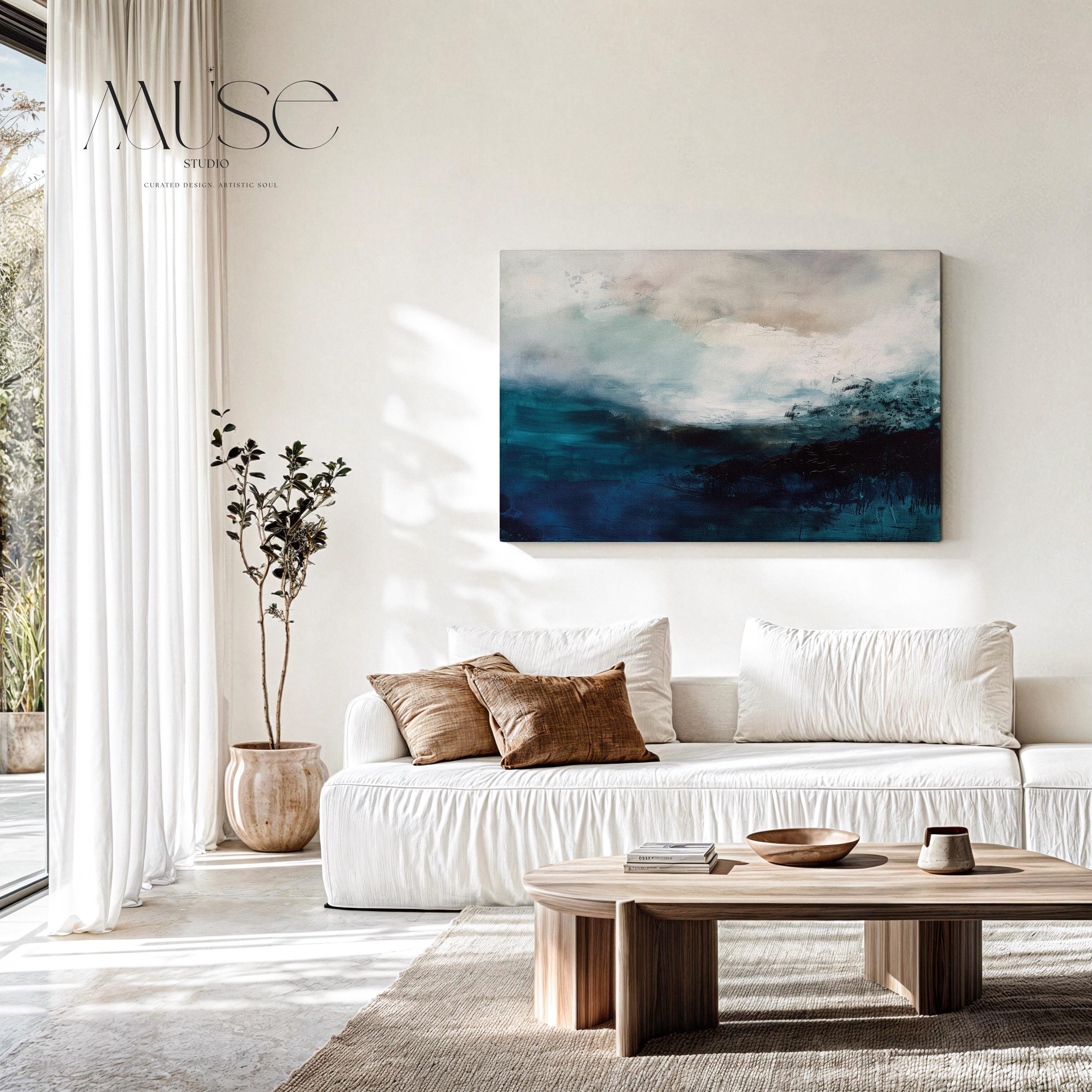 Ocean Inspired Abstract Canvas Wall Art in Deep Blues and Whites, Large Horizontal Statement Piece, Coastal Decor for Living Rooms | 330