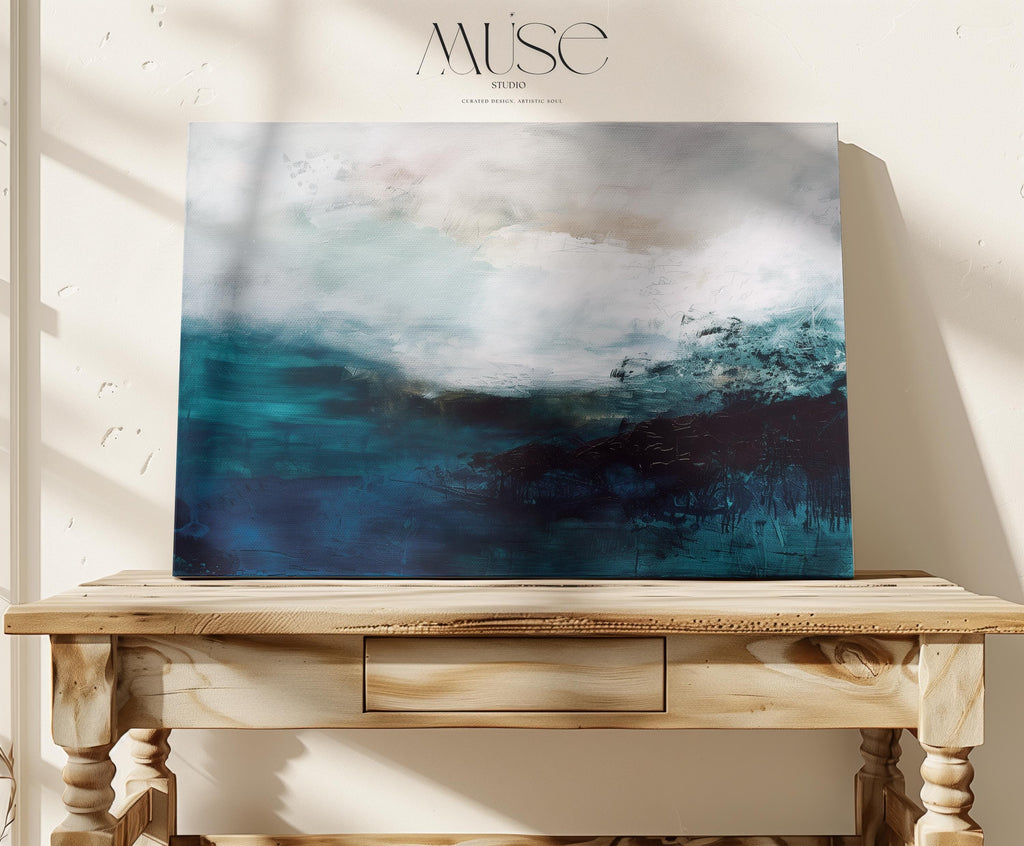 Ocean Inspired Abstract Canvas Wall Art in Deep Blues and Whites, Large Horizontal Statement Piece, Coastal Decor for Living Rooms | 330