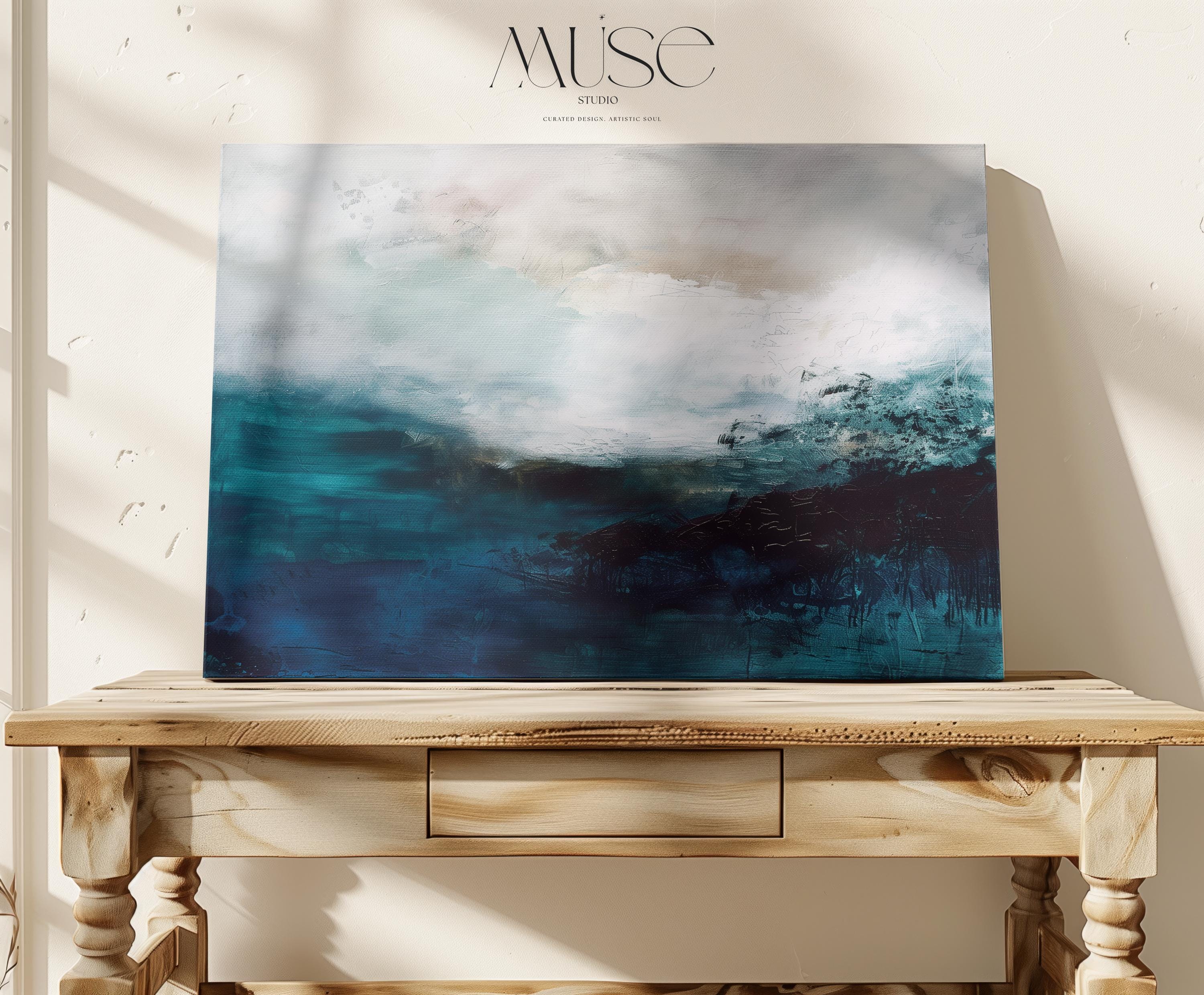 Ocean Inspired Abstract Canvas Wall Art in Deep Blues and Whites, Large Horizontal Statement Piece, Coastal Decor for Living Rooms | 330