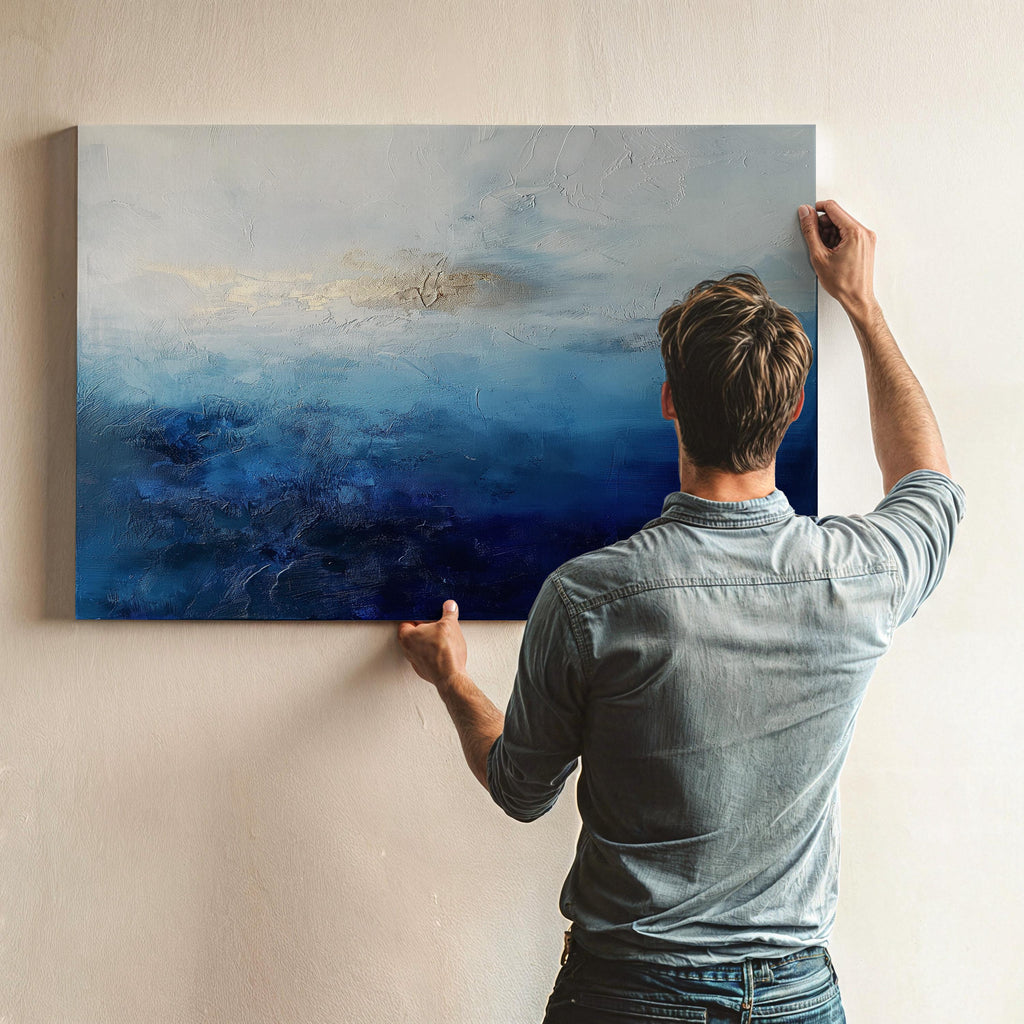 Ocean Horizon Canvas Wall Art in Deep Blues and Ivory, Large Abstract Painting for Living Rooms, Coastal Decor Statement Piece 346
