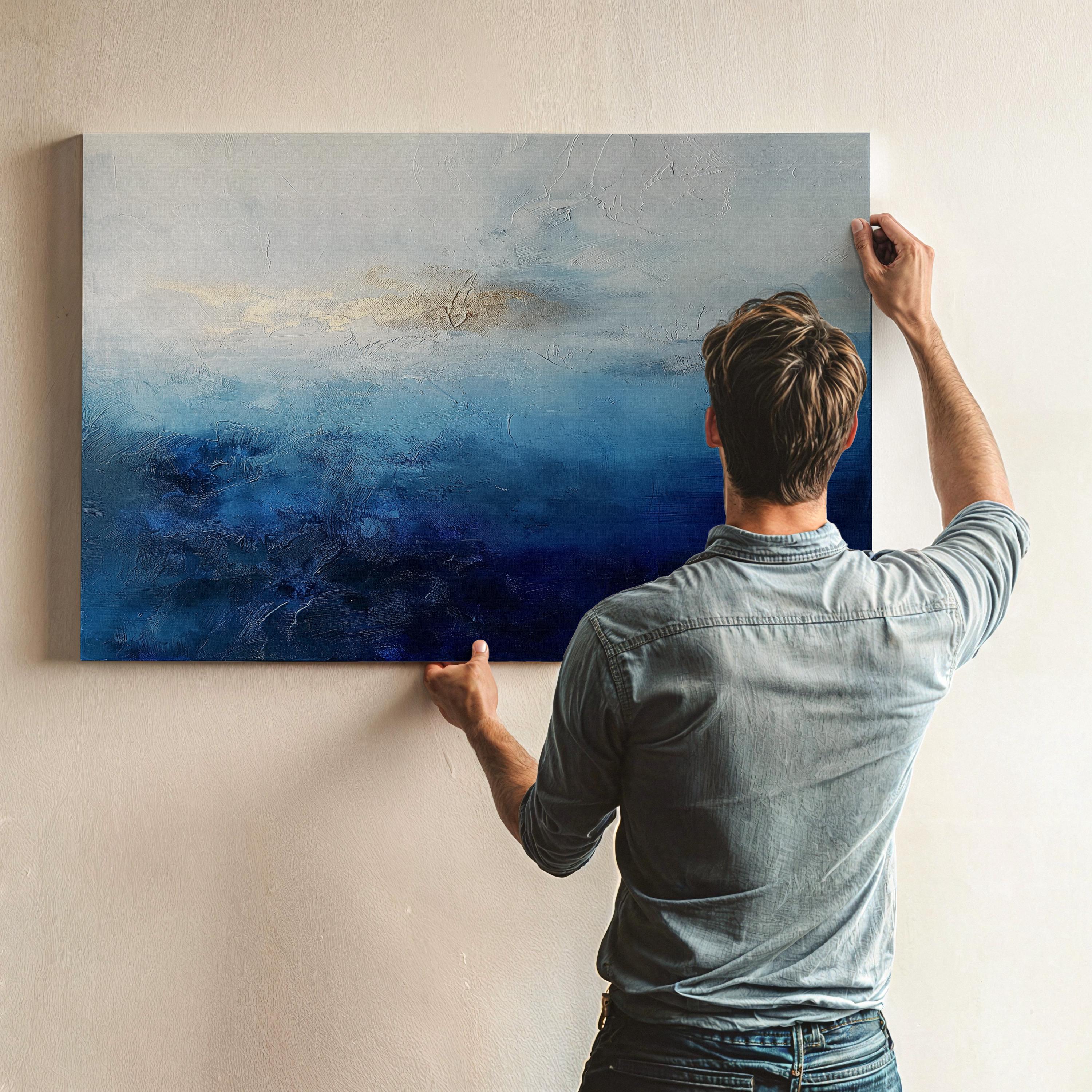 Ocean Horizon Canvas Wall Art in Deep Blues and Ivory, Large Abstract Painting for Living Rooms, Coastal Decor Statement Piece 346