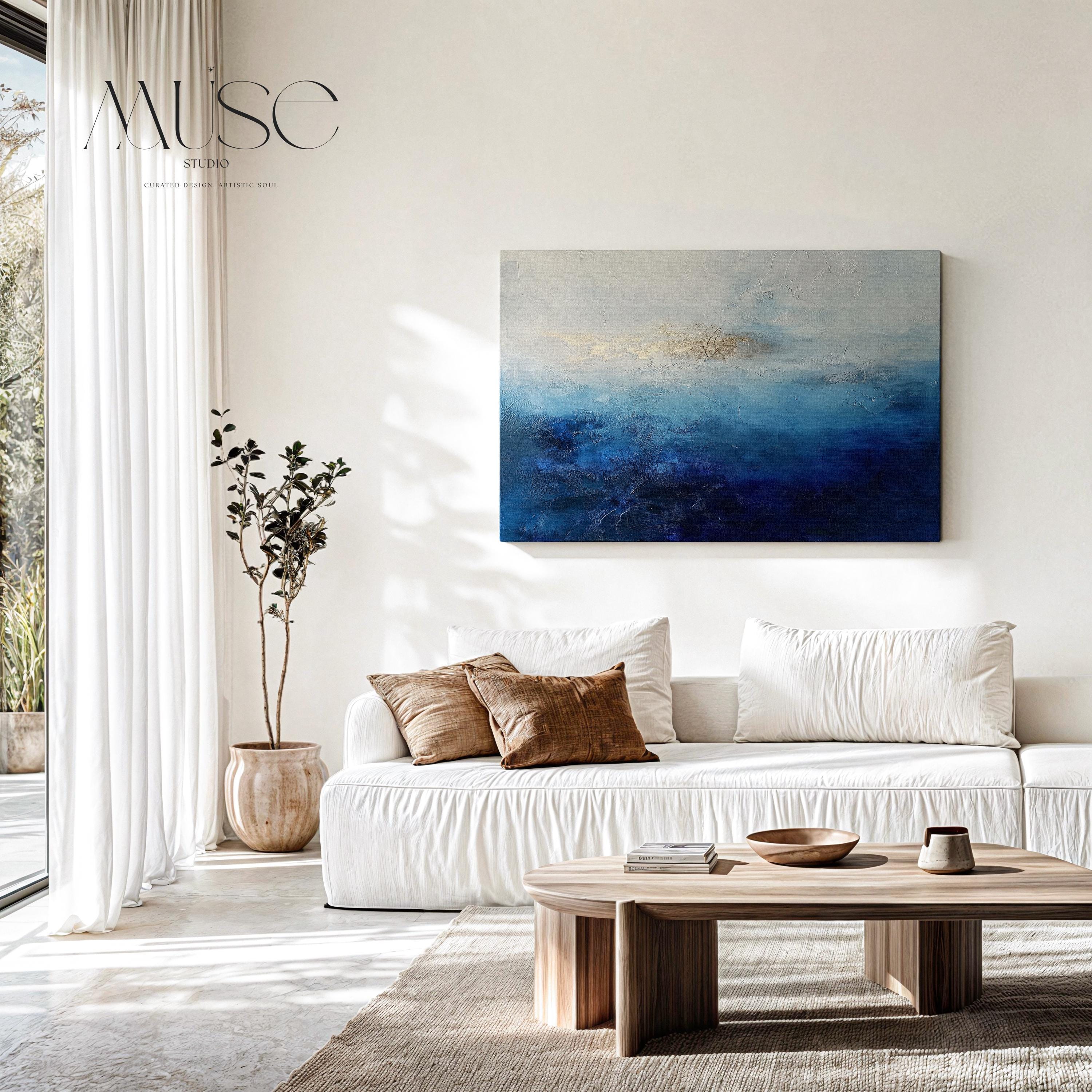 Ocean Horizon Canvas Wall Art in Deep Blues and Ivory, Large Abstract Painting for Living Rooms, Coastal Decor Statement Piece 346