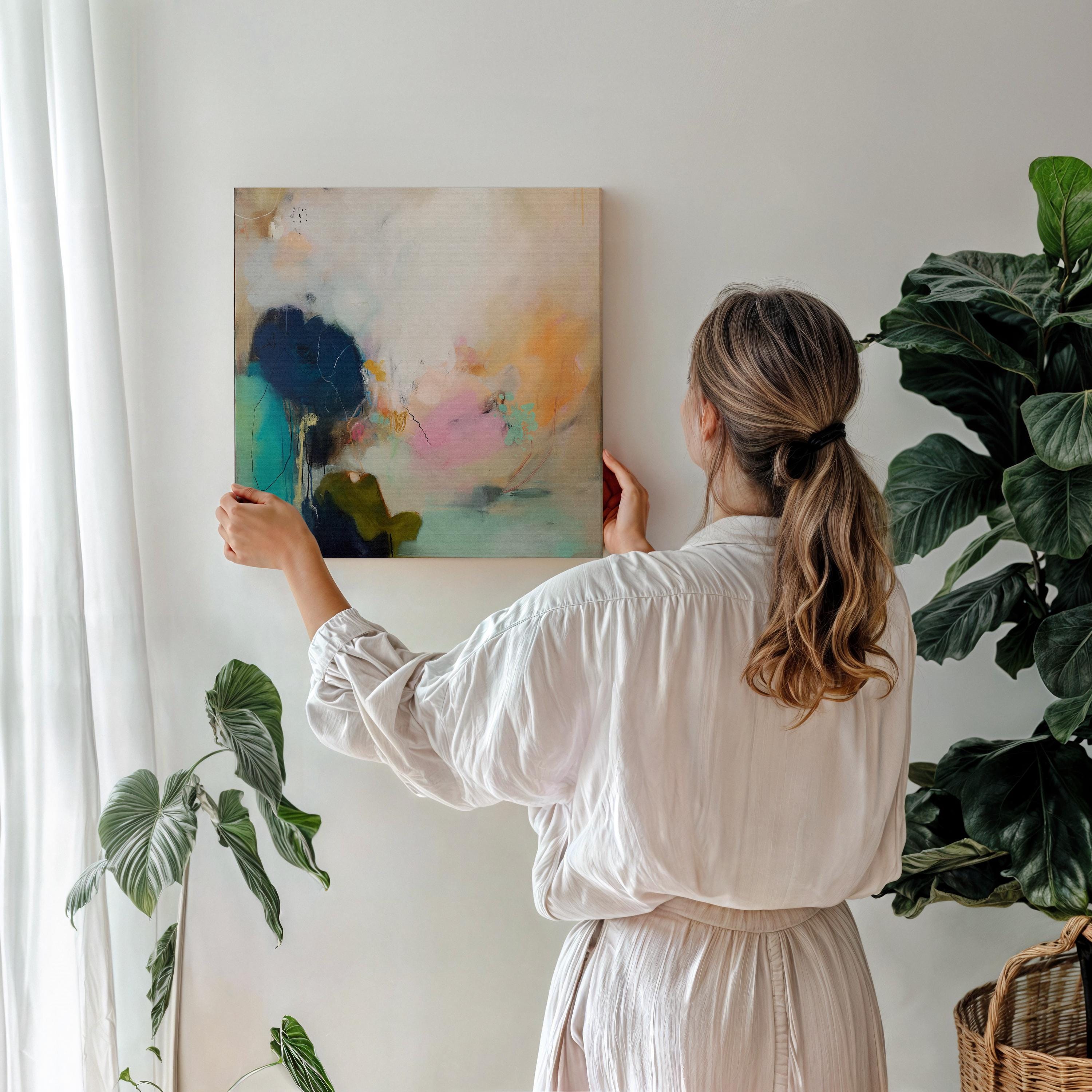 Soft Abstract Wall Art in Blush Pink Teal and Navy Canvas Painting Botanical Coastal Decor for Living Room Bedroom Modern Style |448 Stretched Canvas Art Large abstract wall decor on stretched canvas, gallery-wrapped and ready to hang. Perfect for colorful wall art in living rooms, office spaces, and design projects. Giclée canvas print with bold brushwork and vibrant modern style for impactful home decor. Muse Studio Decor Art.