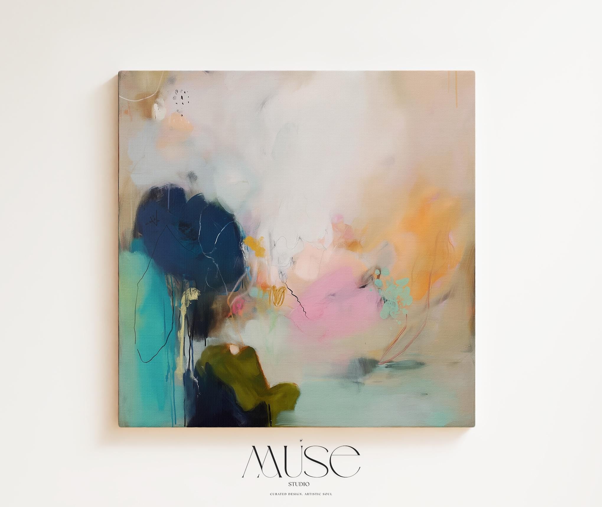 abstract wall art featuring soft blush pink, teal, and navy tones with gentle botanical-inspired movement. Designed in a coastal modern style, ideal for bedrooms, living rooms, or serene interiors. Available as framed canvas or gallery-wrapped giclée wall art by Muse Studio.