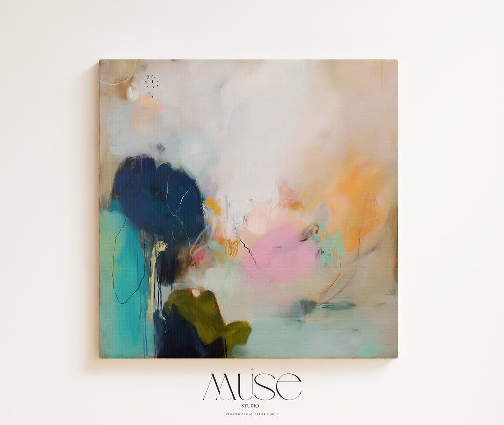 abstract wall art featuring soft blush pink, teal, and navy tones with gentle botanical-inspired movement. Designed in a coastal modern style, ideal for bedrooms, living rooms, or serene interiors. Available as framed canvas or gallery-wrapped giclée wall art by Muse Studio.