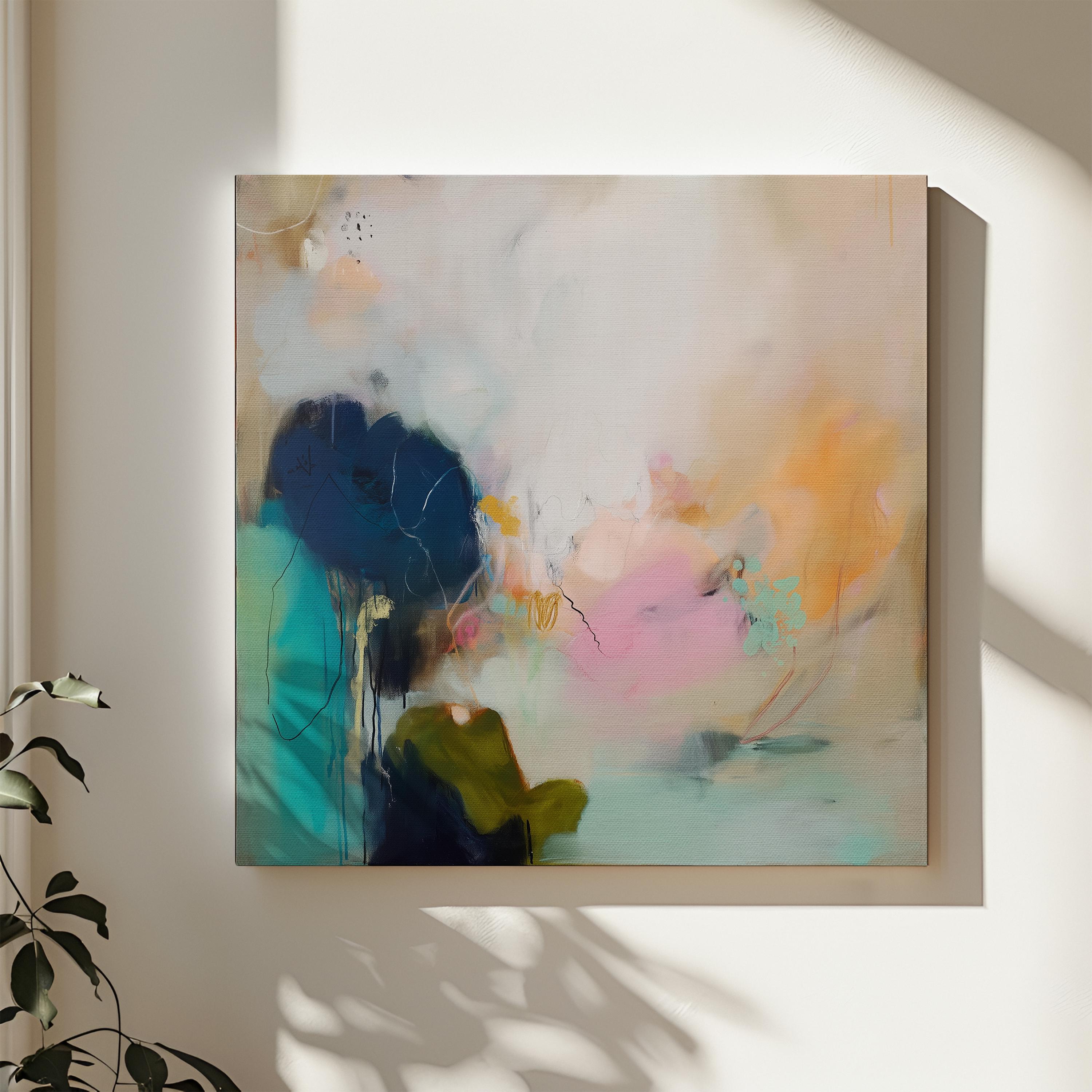 Soft Abstract Wall Art in Blush Pink Teal and Navy Canvas Painting Botanical Coastal Decor for Living Room Bedroom Modern Style |448
