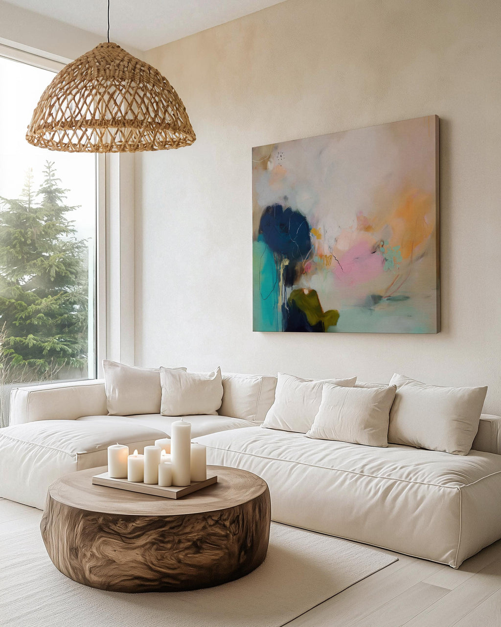 Soft Abstract Wall Art in Blush Pink Teal and Navy Canvas Painting Botanical Coastal Decor for Living Room Bedroom Modern Style |448