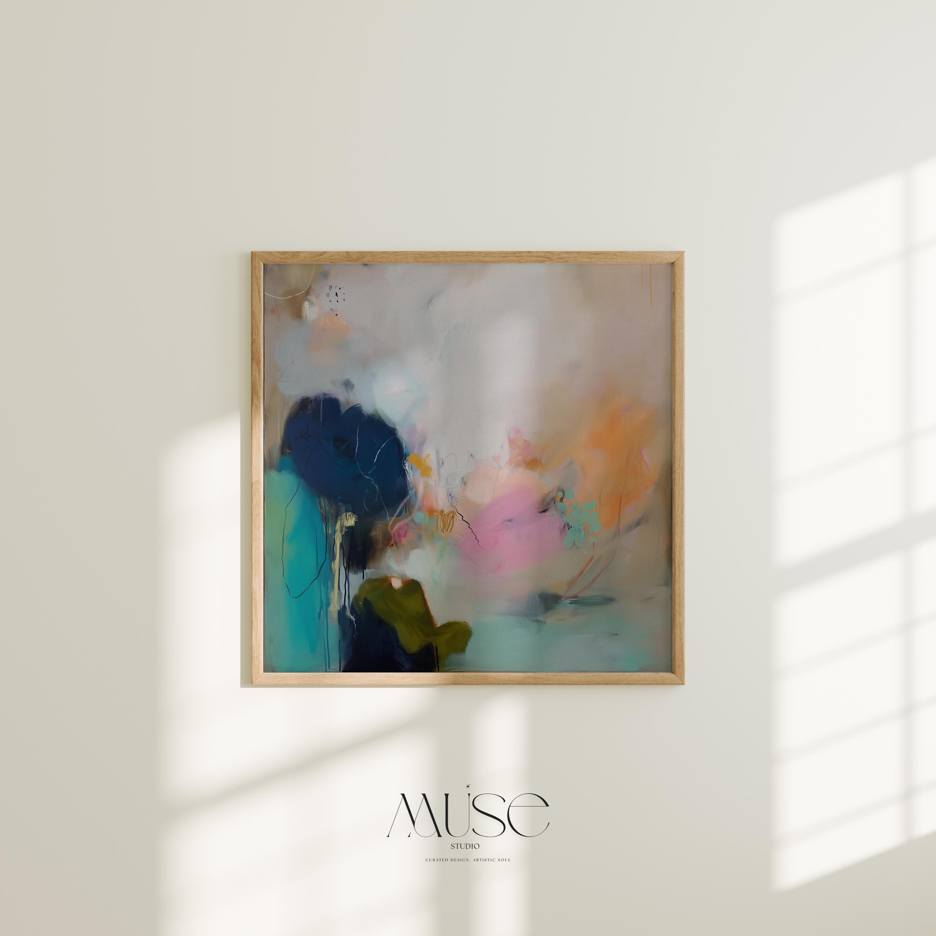 Soft Abstract Art Print in Blush Pink Teal and Navy Botanical Coastal Wall Decor Poster for Living Room Bedroom Modern Style | 448