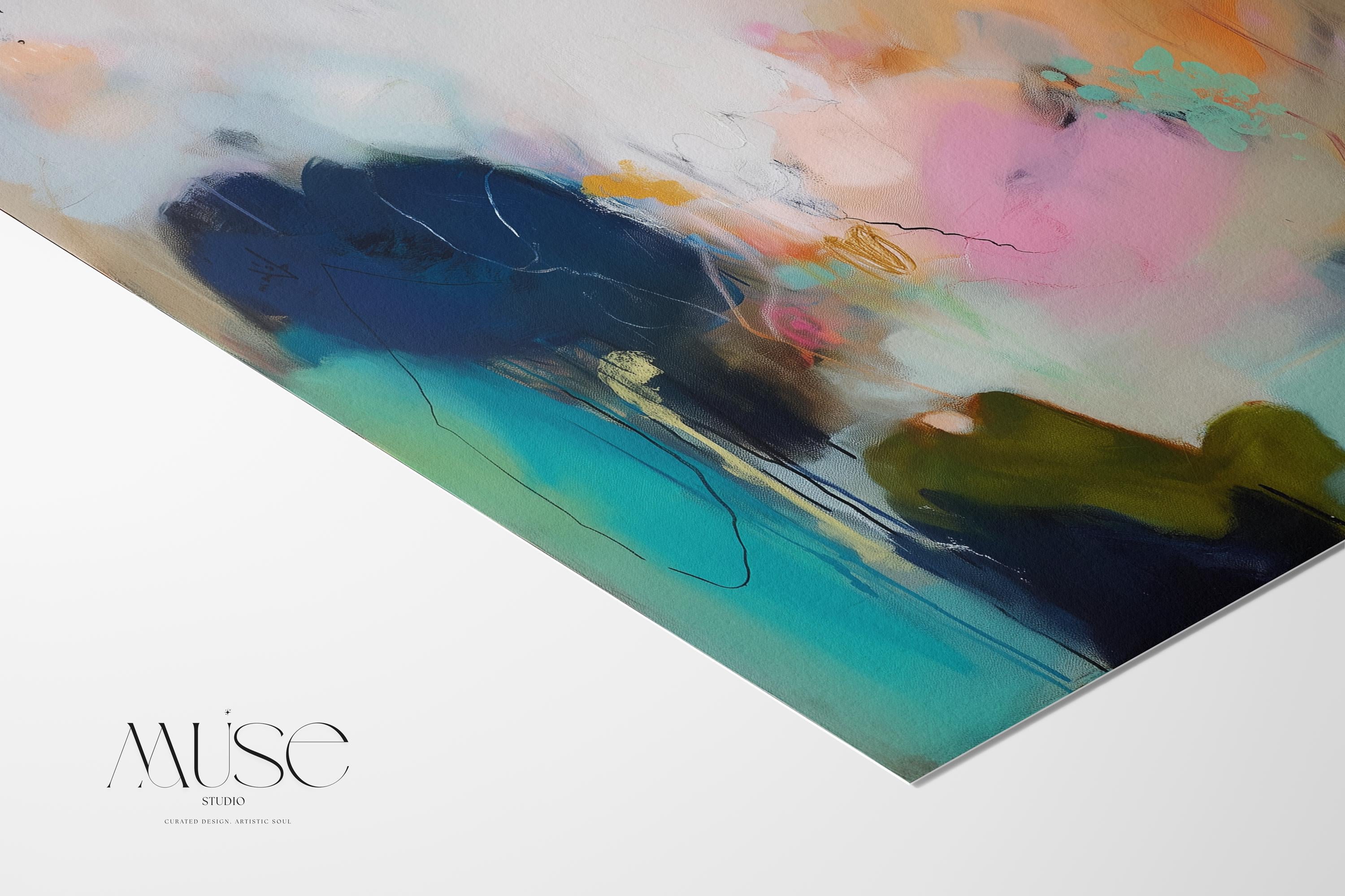 Soft Abstract Art Print in Blush Pink Teal and Navy Botanical Coastal Wall Decor Poster for Living Room Bedroom Modern Style | 448