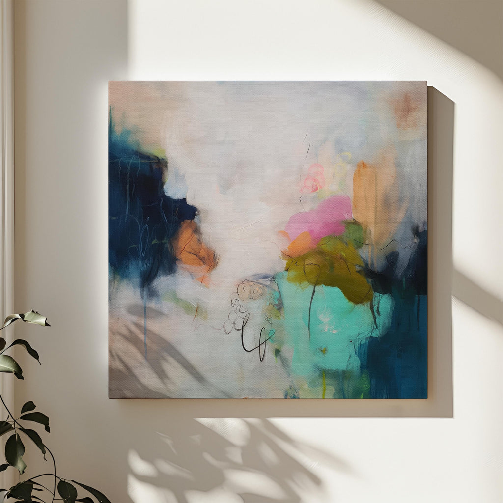 Soft Abstract Wall Art in Navy Pink Green and Ochre Modern Boho Large Canvas Painting for Living Room Bedroom Office Decor | Aurora 451