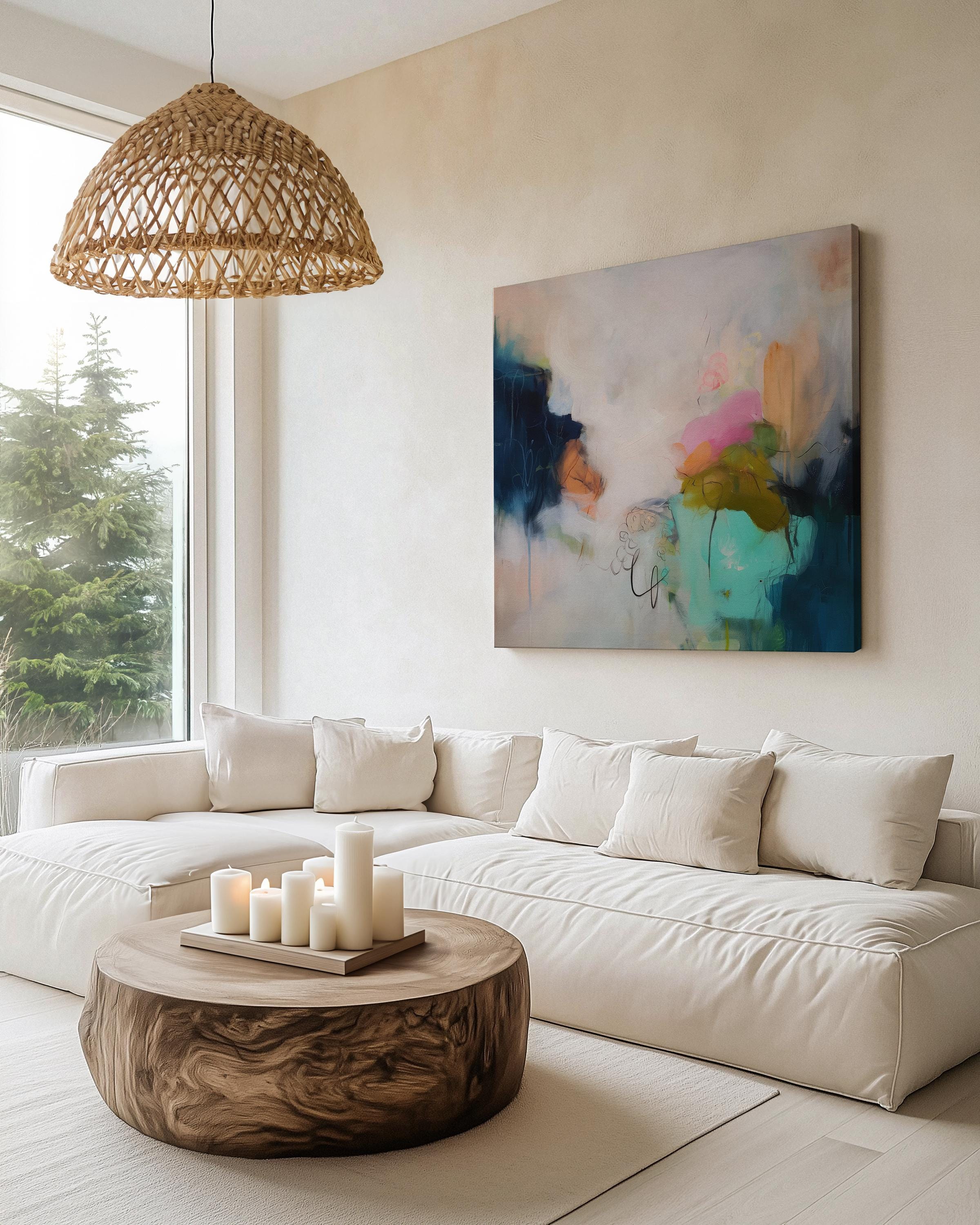 Soft Abstract Wall Art in Navy Pink Green and Ochre Modern Boho Large Canvas Painting for Living Room Bedroom Office Decor | Aurora 451