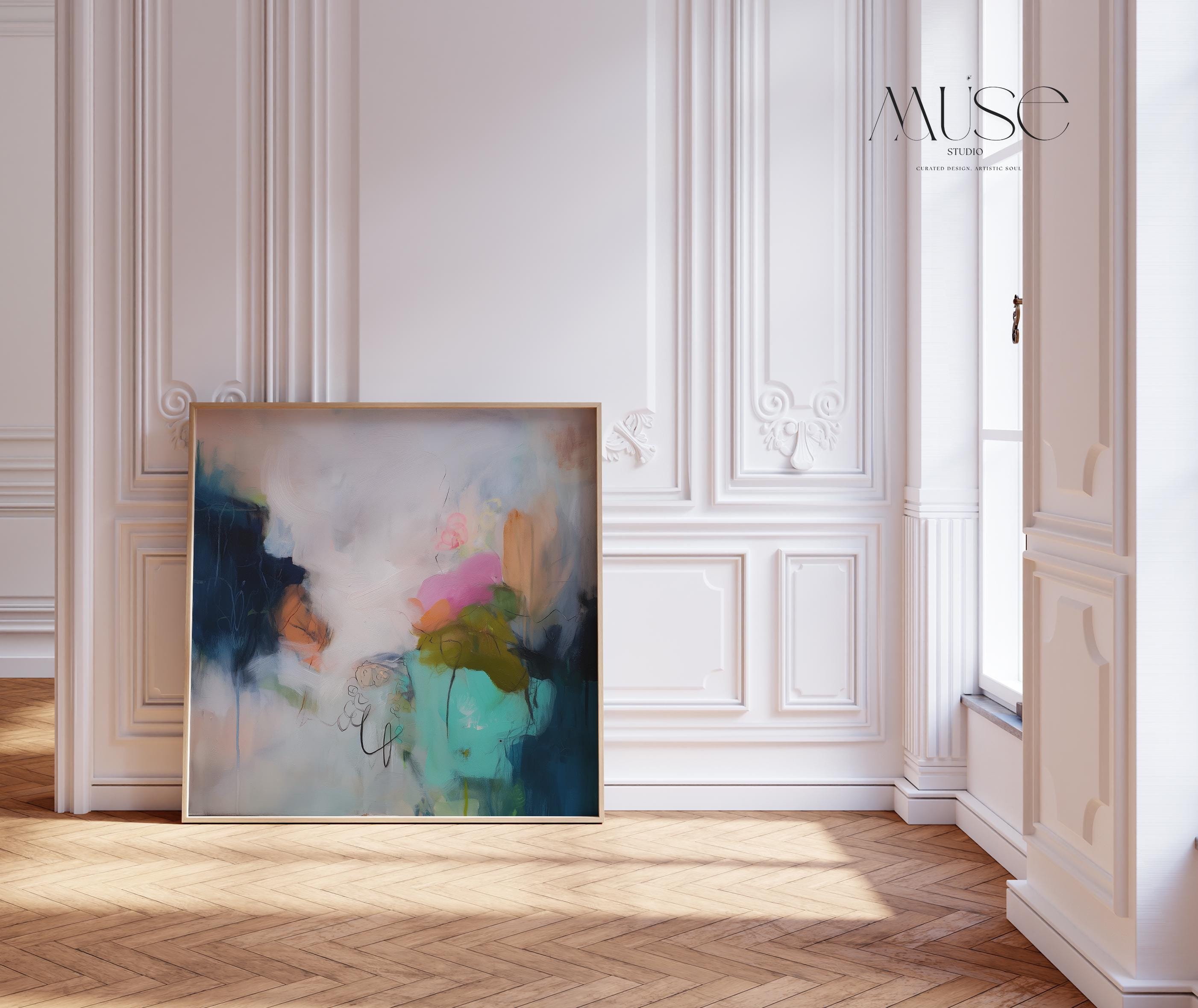 Soft Abstract Art Print in Blush Pink Teal and Navy Botanical Coastal Wall Decor Poster for Living Room Bedroom Contemporary Style | 448