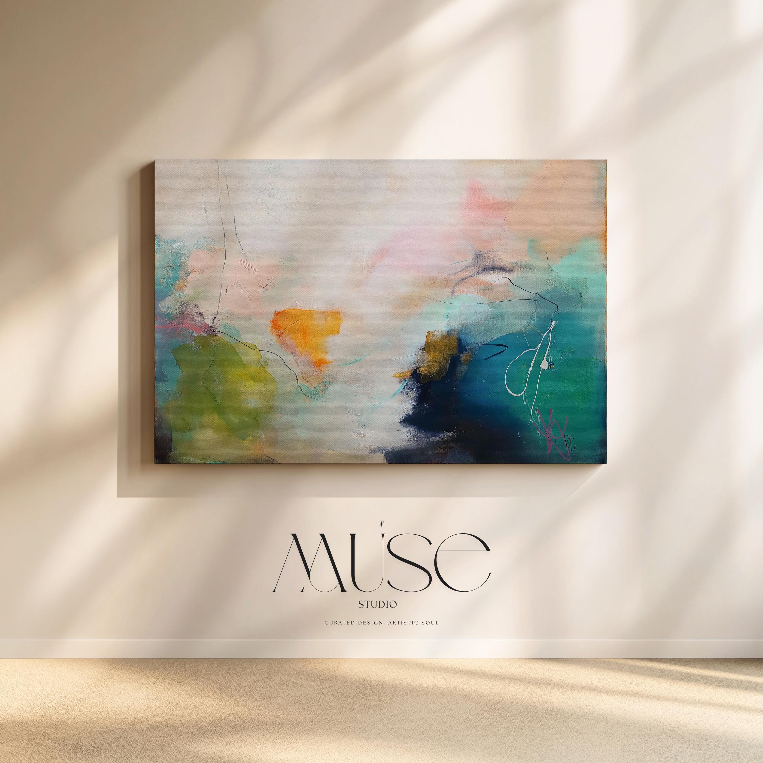 Horizontal green and aqua abstract wall art featuring layered brushwork in a soft contemporary style. This oversized canvas design adds a fresh, modern statement to living rooms or bedrooms. Available as gallery-wrapped or framed canvas wall art by Muse Studio.