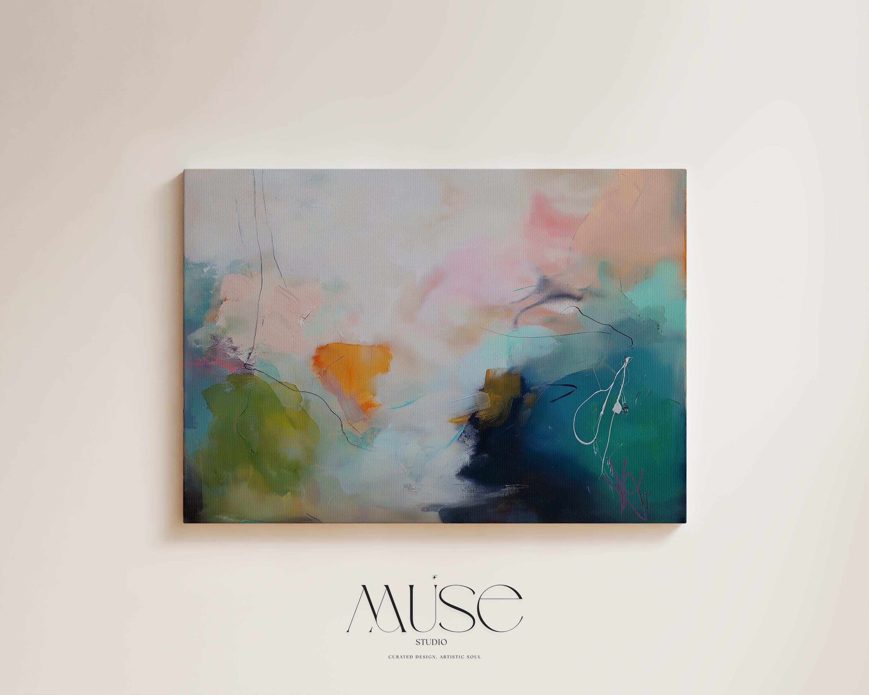 Oversized Colorful Abstract Canvas Wall Art in Green and Aqua, Modern Living Room or Bedroom Decor, Soft Contemporary Statement 449 Stretched Canvas Art Large abstract wall decor on stretched canvas, gallery-wrapped and ready to hang. Perfect for colorful wall art in living rooms, office spaces, and design projects. Giclée canvas print with bold brushwork and vibrant modern style for impactful home decor. Muse Studio Decor Art.