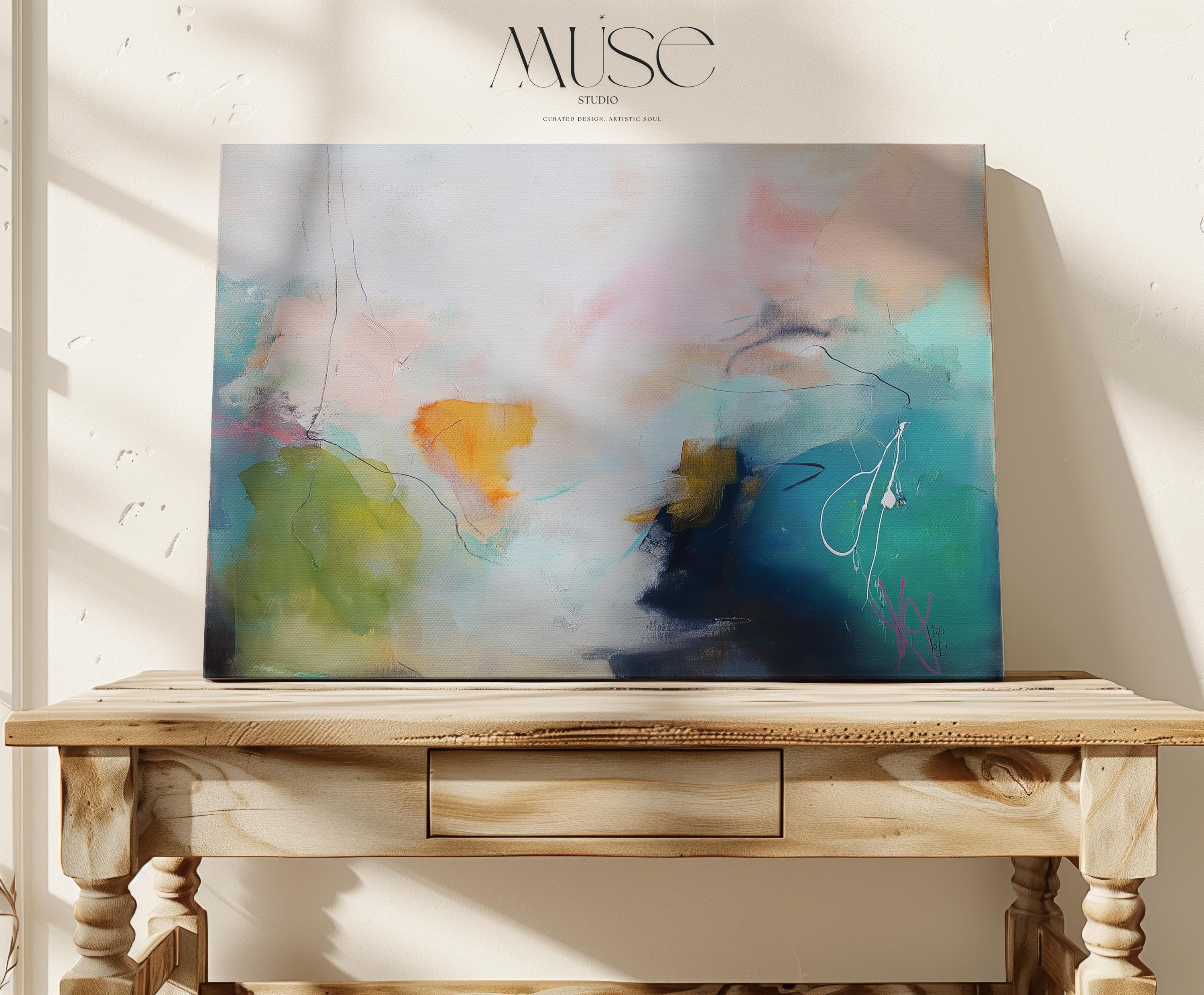 Oversized Colorful Abstract Canvas Wall Art in Green and Aqua, Modern Living Room or Bedroom Decor, Soft Contemporary Statement 449 Stretched Canvas Art Large abstract wall decor on stretched canvas, gallery-wrapped and ready to hang. Perfect for colorful wall art in living rooms, office spaces, and design projects. Giclée canvas print with bold brushwork and vibrant modern style for impactful home decor. Muse Studio Decor Art.