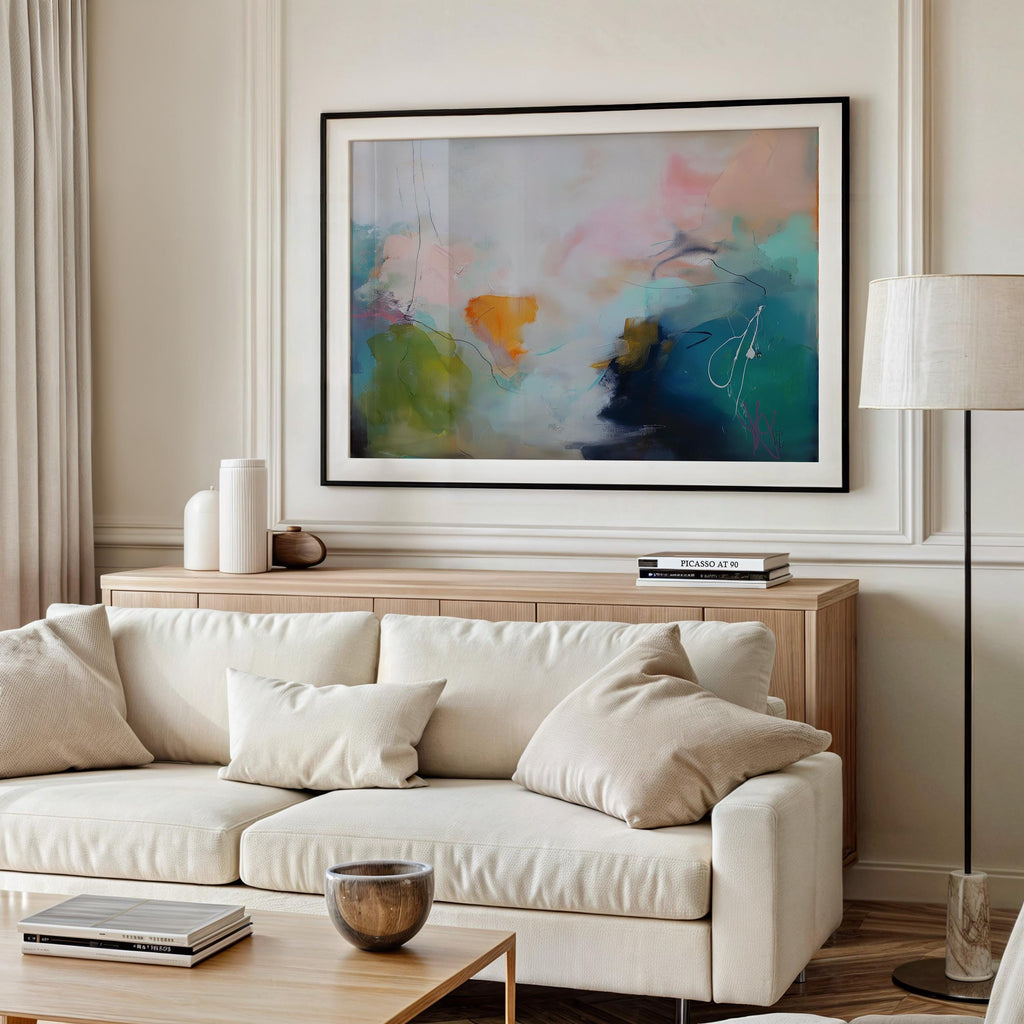 Horizontal aqua and tangerine abstract wall art titled “Sea Foam Bloom,” featuring botanical-inspired movement and vibrant modern tones. Ideal for bedroom, living room, or office decor. Available as framed canvas or gallery-wrapped wall art by Muse Studio.