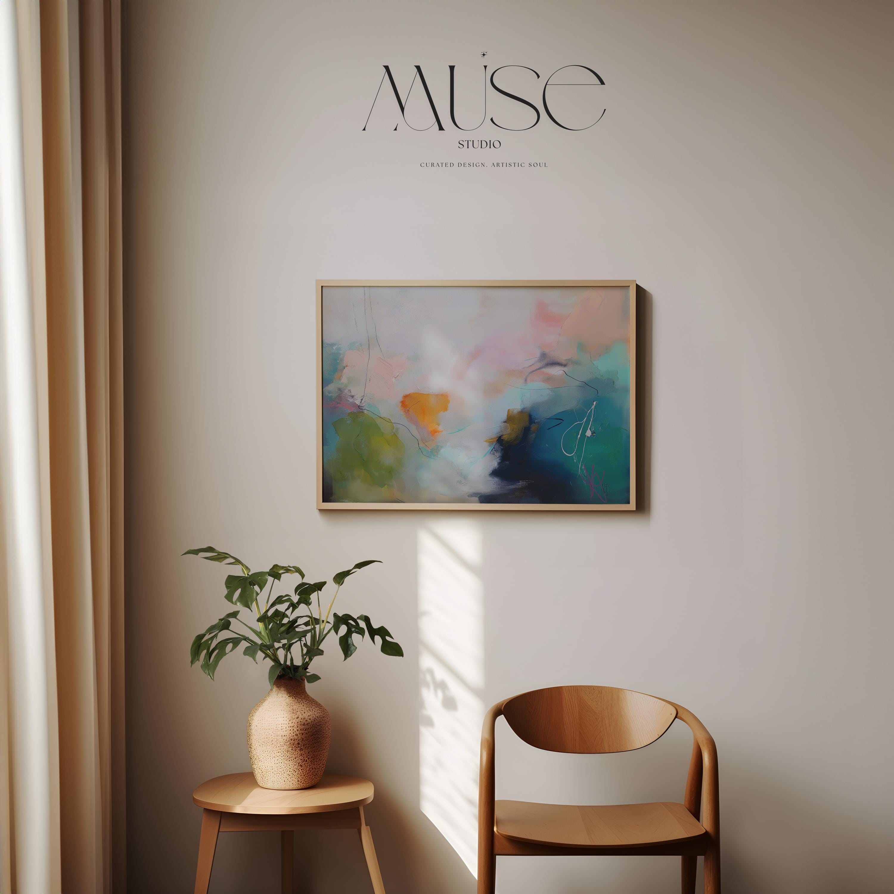 Large Fine Art Poster Print of Colorful Abstract in Aqua and Orange, Modern Botanical Artwork for Home Office or Bedroom Decor 449