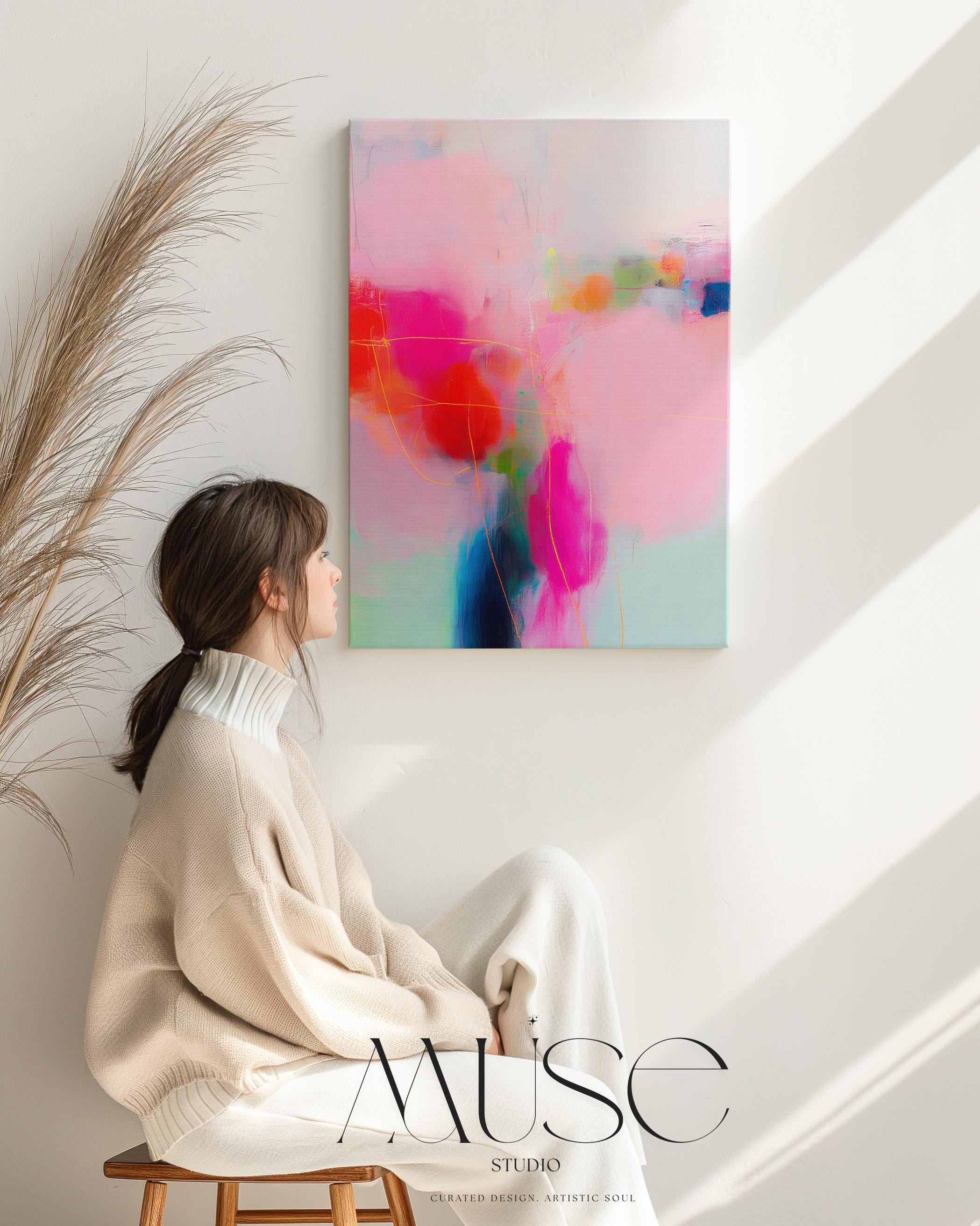 Bold Color Pop Canvas Art in Pink, Coral, and Aqua, Eclectic Abstract Wall Art for Modern Living Room or Bedroom Decor 435 Stretched Canvas Art Large abstract wall decor on stretched canvas, gallery-wrapped and ready to hang. Perfect for colorful wall art in living rooms, office spaces, and design projects. Giclée canvas print with bold brushwork and vibrant modern style for impactful home decor. Muse Studio Decor Art.