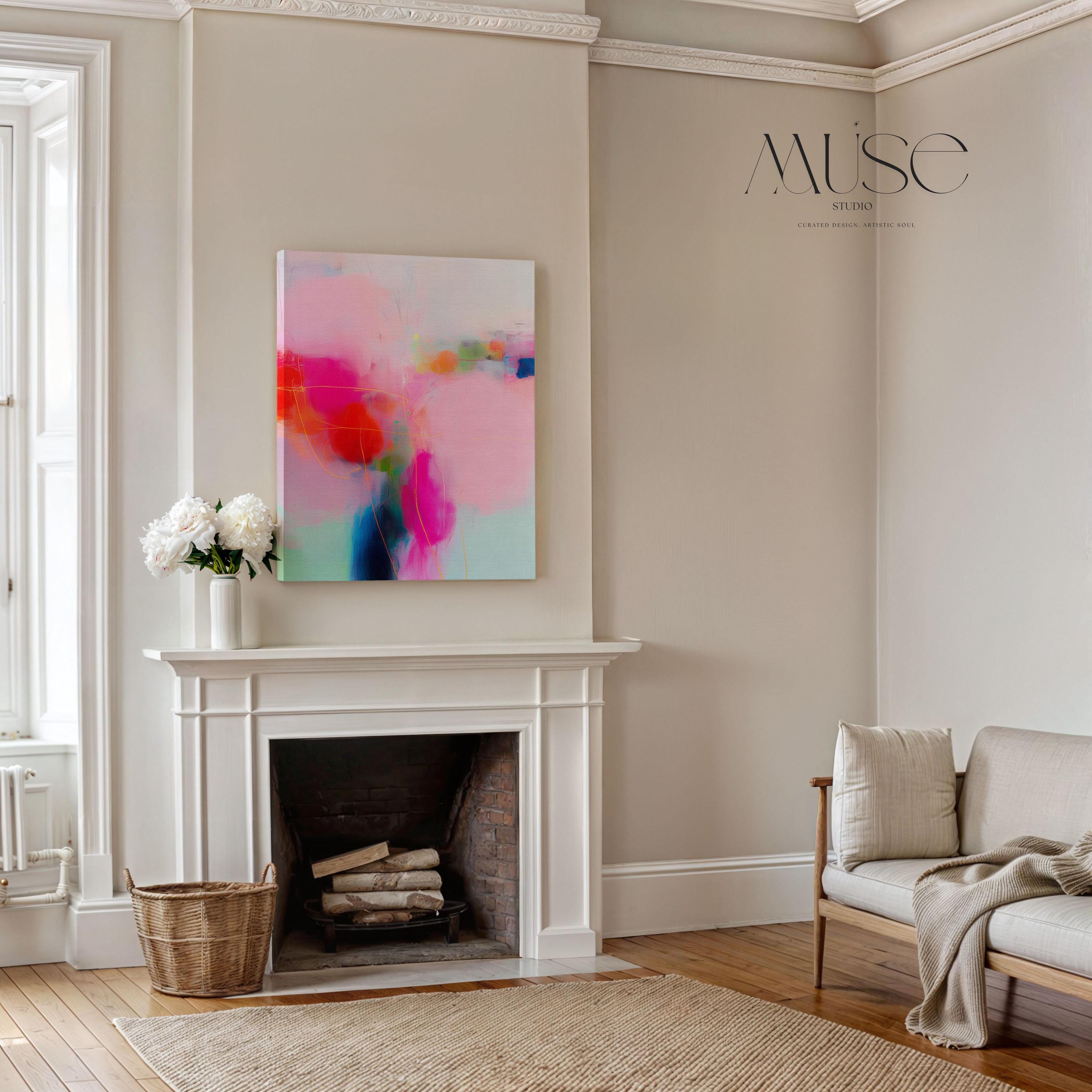 Bold Color Pop Canvas Art in Pink, Coral, and Aqua, Eclectic Abstract Wall Art for Modern Living Room or Bedroom Decor 435