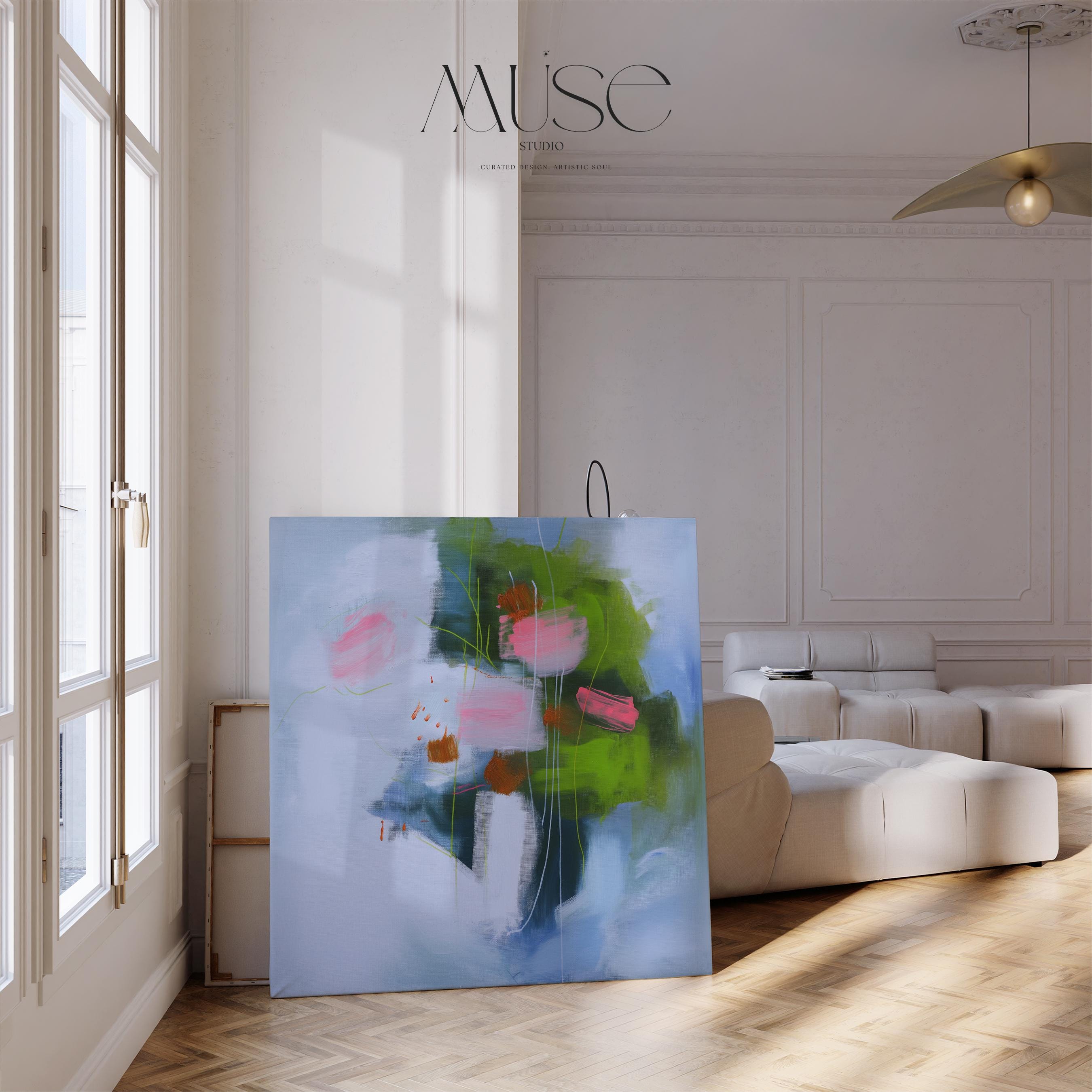 Large Colorful Abstract Canvas Wall Art in Pink Green and Blue, Framed Preppy Art Print for Living Room or Bedroom, Bright Decor 423