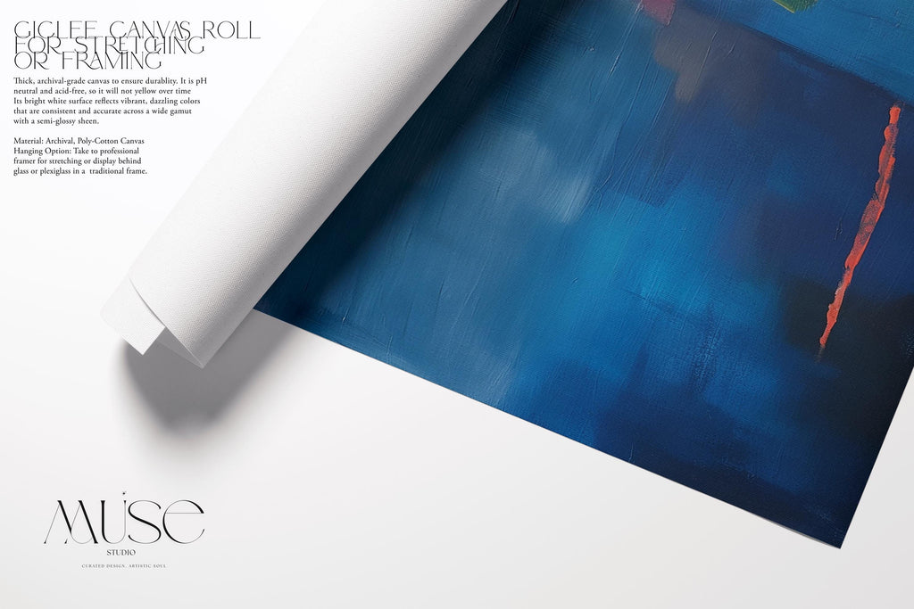 Square framed canvas wall art featuring a moody abstract landscape in rich blue, indigo, blush, and coral tones. This modern piece adds emotional depth and painterly texture to any room. Ideal for coastal interiors, minimalist spaces, or moody decor palettes. Framed in natural wood and displayed on a clean white wall, perfect for offices, living rooms, or curated art walls. Muse Studio original design for refined home styling.