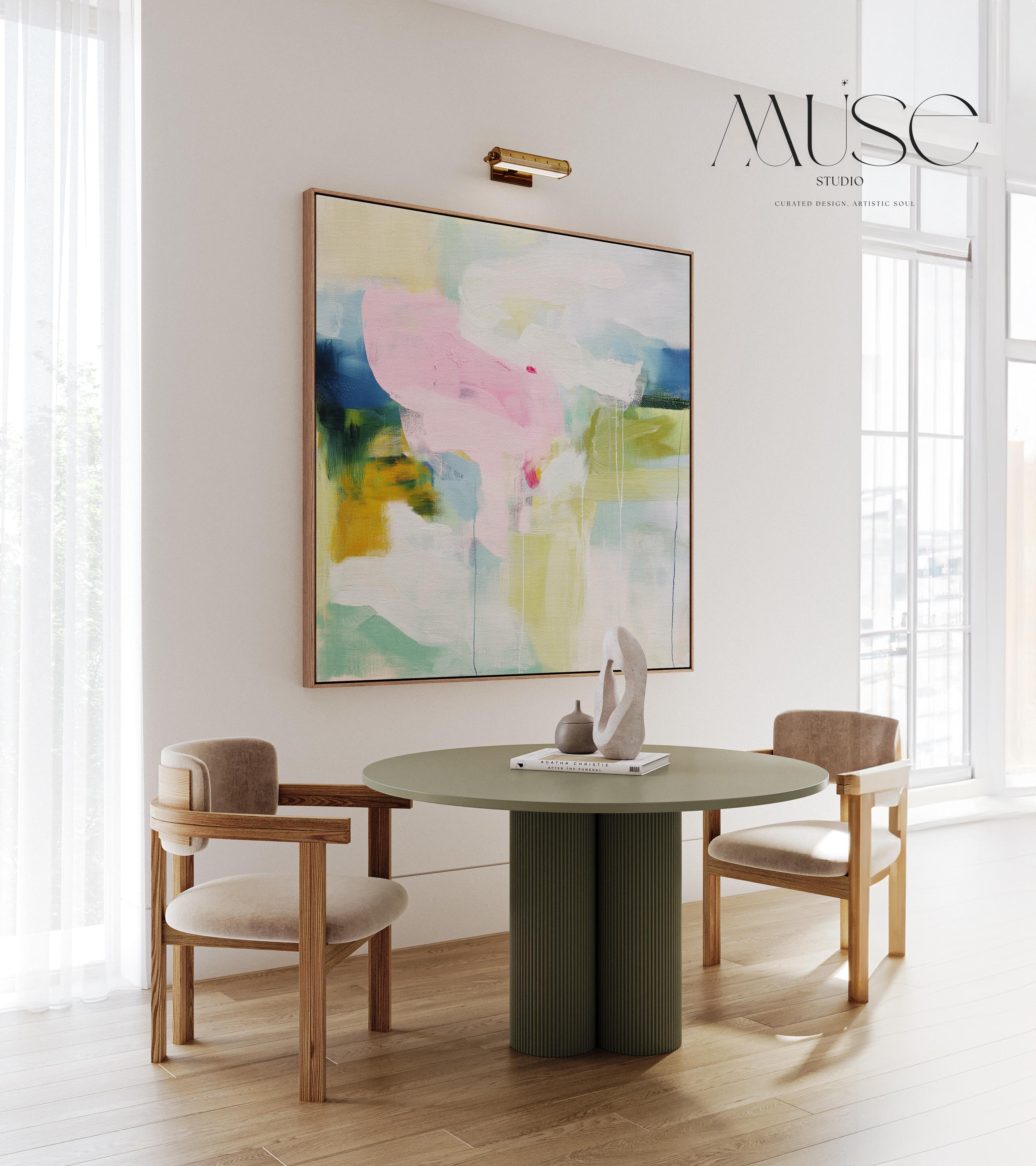 Muse Studio Aurora Muse 485 soft blue and blush abstract wall art printed with museum-grade giclée inks on premium gallery-wrapped artist canvas, featuring airy layered brushwork in powder blue, muted blush, and warm undertones. Large-scale modern soft contemporary artwork styled above a linen sofa in an organic transitional living room with light oak finishes, warm white walls, and brushed brass accents, creating a calm refined focal point for elevated interiors.