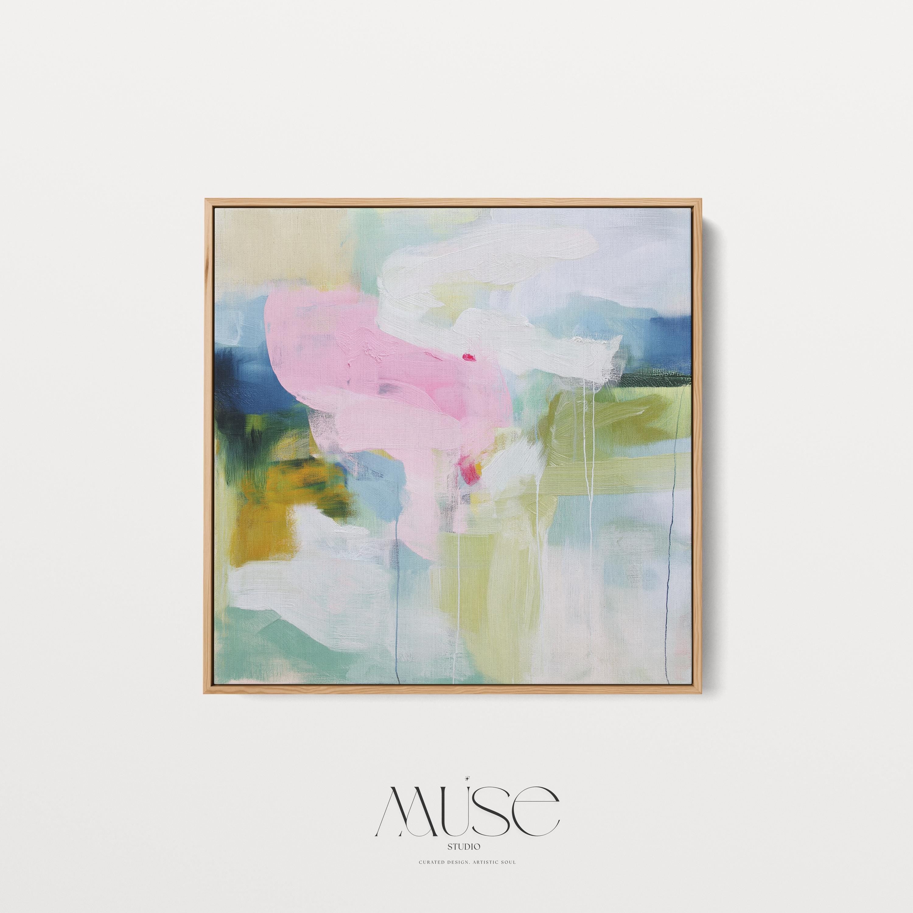 Muse Studio Aurora Muse 485 soft blue and blush abstract wall art printed with museum-grade giclée inks on premium gallery-wrapped artist canvas, featuring airy layered brushwork in powder blue, muted blush, and warm undertones. Large-scale modern soft contemporary artwork styled above a linen sofa in an organic transitional living room with light oak finishes, warm white walls, and brushed brass accents, creating a calm refined focal point for elevated interiors.