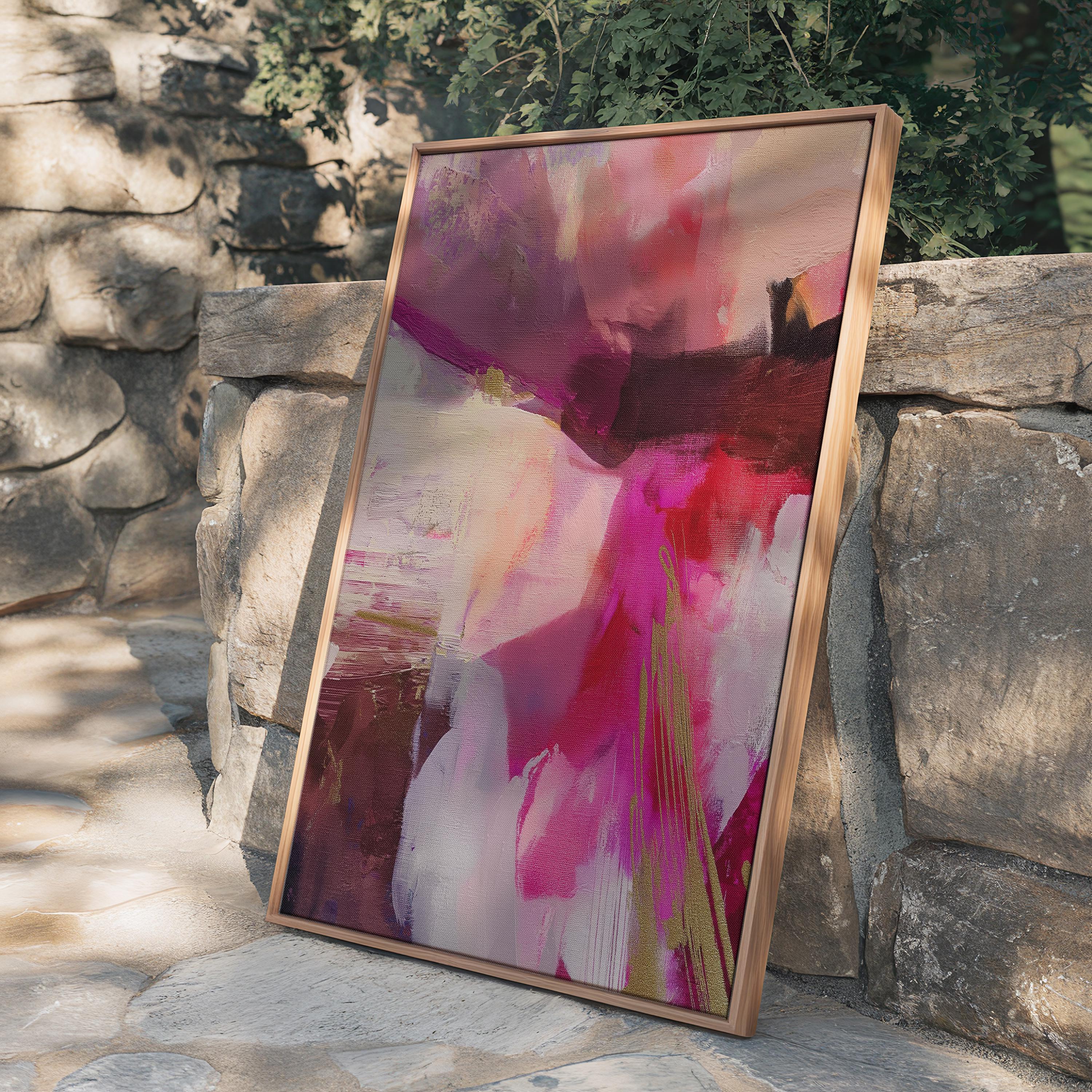 Vertical framed canvas wall art featuring bold pinks, reds, blush, and golden yellow accents. This abstract expressionist piece includes energetic brushwork and layered movement, creating a vibrant and confident atmosphere. Perfect for modern bedrooms, luxury walk-in closets, entryways, or bold gallery walls. Aurora 486 by Muse Studio blends color pop decor with designer-level impact in a curated format.