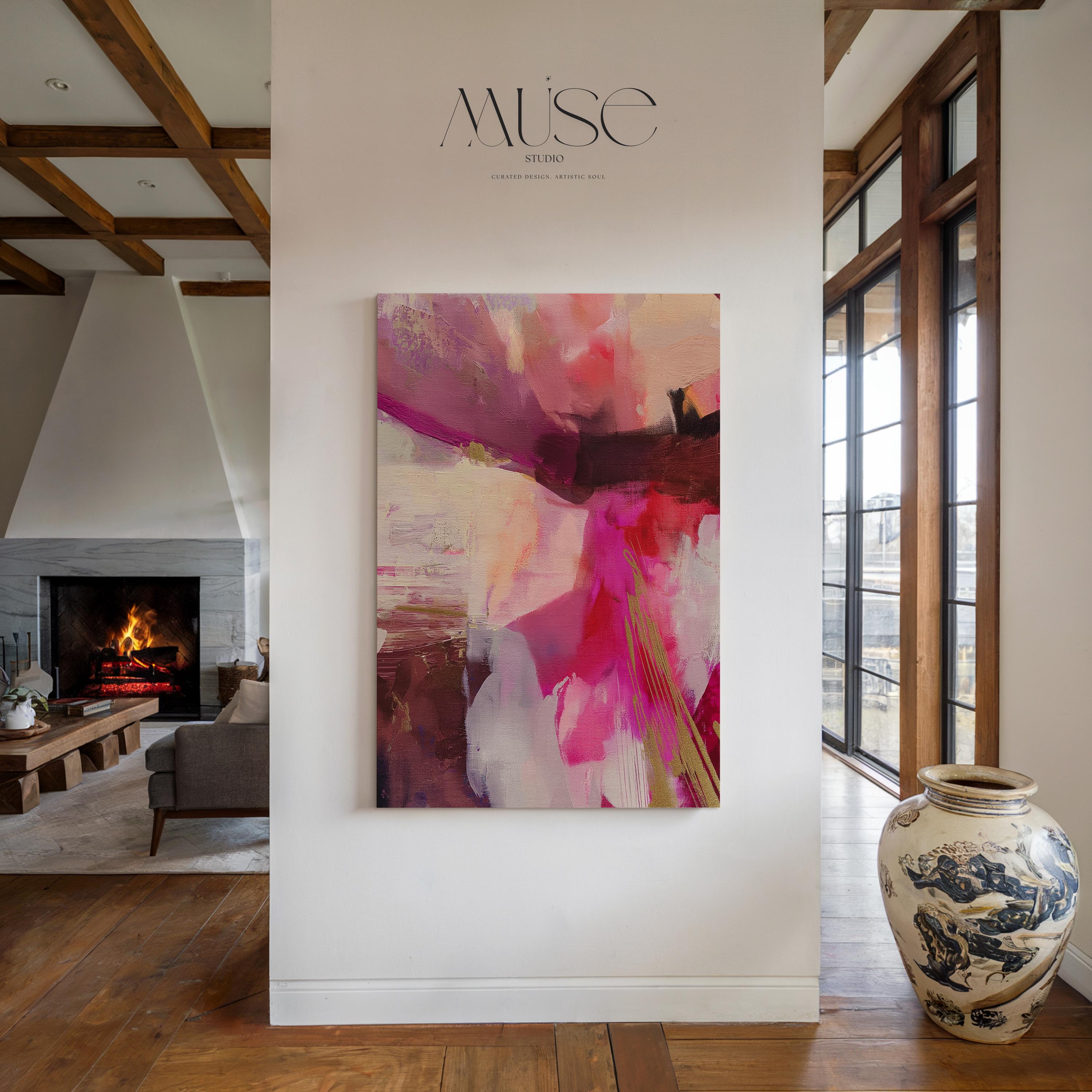 Vertical abstract canvas wall art featuring expressive layers of pink, fuchsia, blush, and deep plum with golden yellow accents. Aurora 486 by Muse Studio adds bold energy and color pop to modern interiors. Displayed in upscale room settings, it’s ideal for living rooms, bedrooms, or entryways as a statement art piece. Offered as large-scale canvas or framed artwork, this colorful design is perfect for curated home decor and contemporary art lovers.