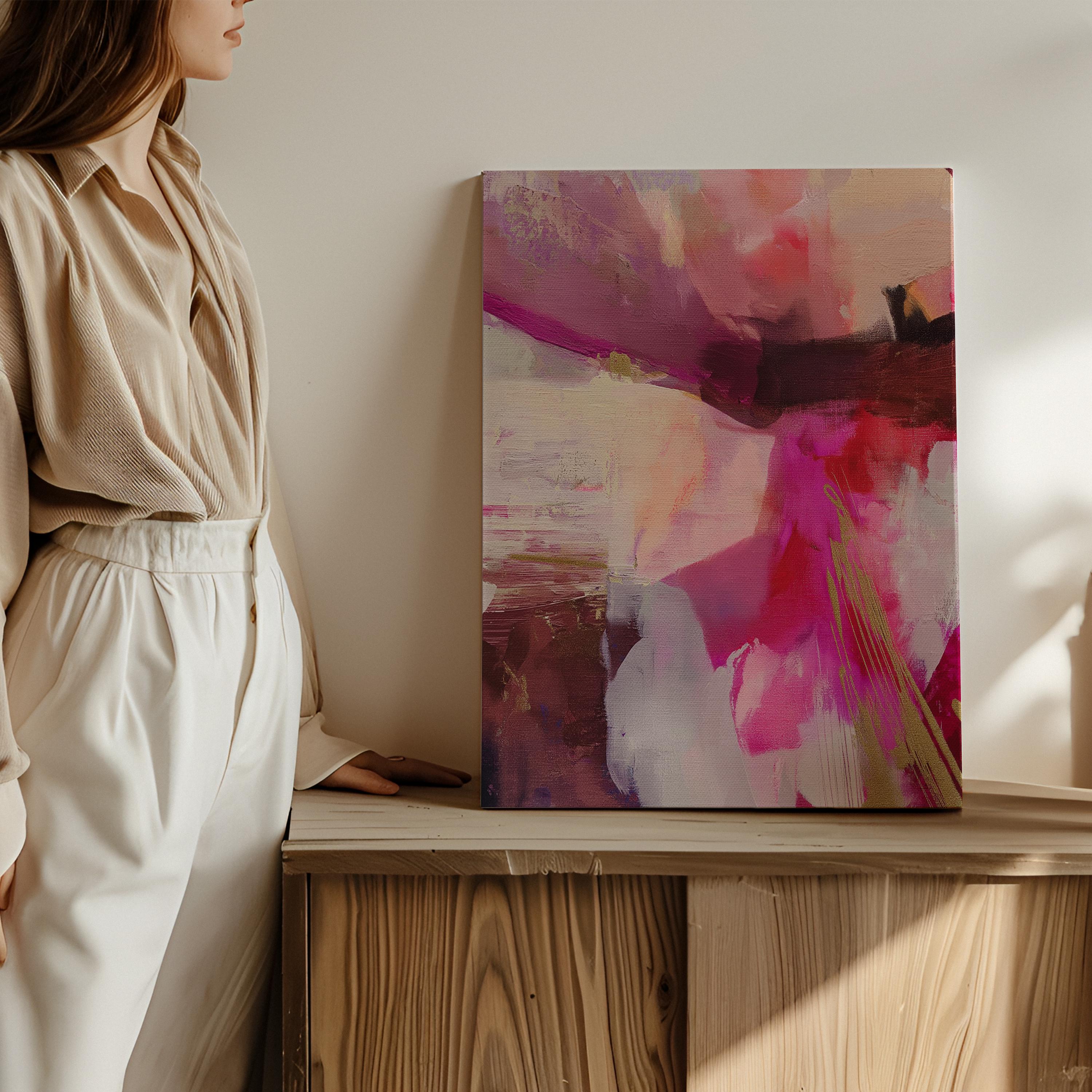 Vertical abstract canvas wall art featuring expressive layers of pink, fuchsia, blush, and deep plum with golden yellow accents. Aurora 486 by Muse Studio adds bold energy and color pop to modern interiors. Displayed in upscale room settings, it’s ideal for living rooms, bedrooms, or entryways as a statement art piece. Offered as large-scale canvas or framed artwork, this colorful design is perfect for curated home decor and contemporary art lovers.