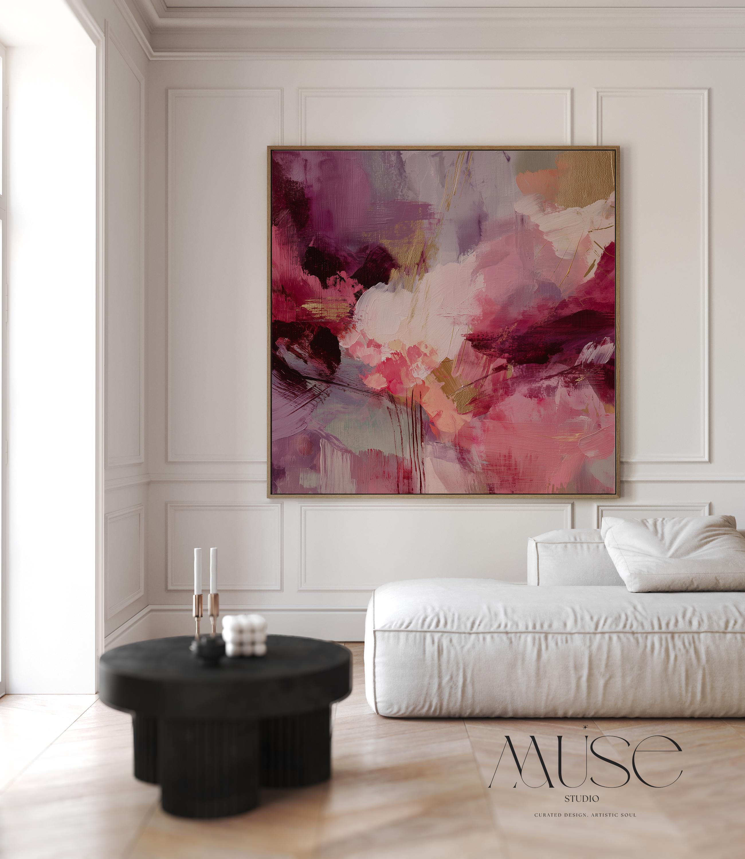 Square abstract wall art featuring expressive layers of raspberry, blush, rose pink, and plum. Aurora 488 by Muse Studio is a bold color pop canvas designed for modern home decor. Shown in natural light with a minimalist setting, this vibrant artwork makes a stunning statement in bedrooms, living rooms, or styled hallways. Offered as a large square framed or unframed canvas, this piece adds drama and artistic elegance to curated spaces.