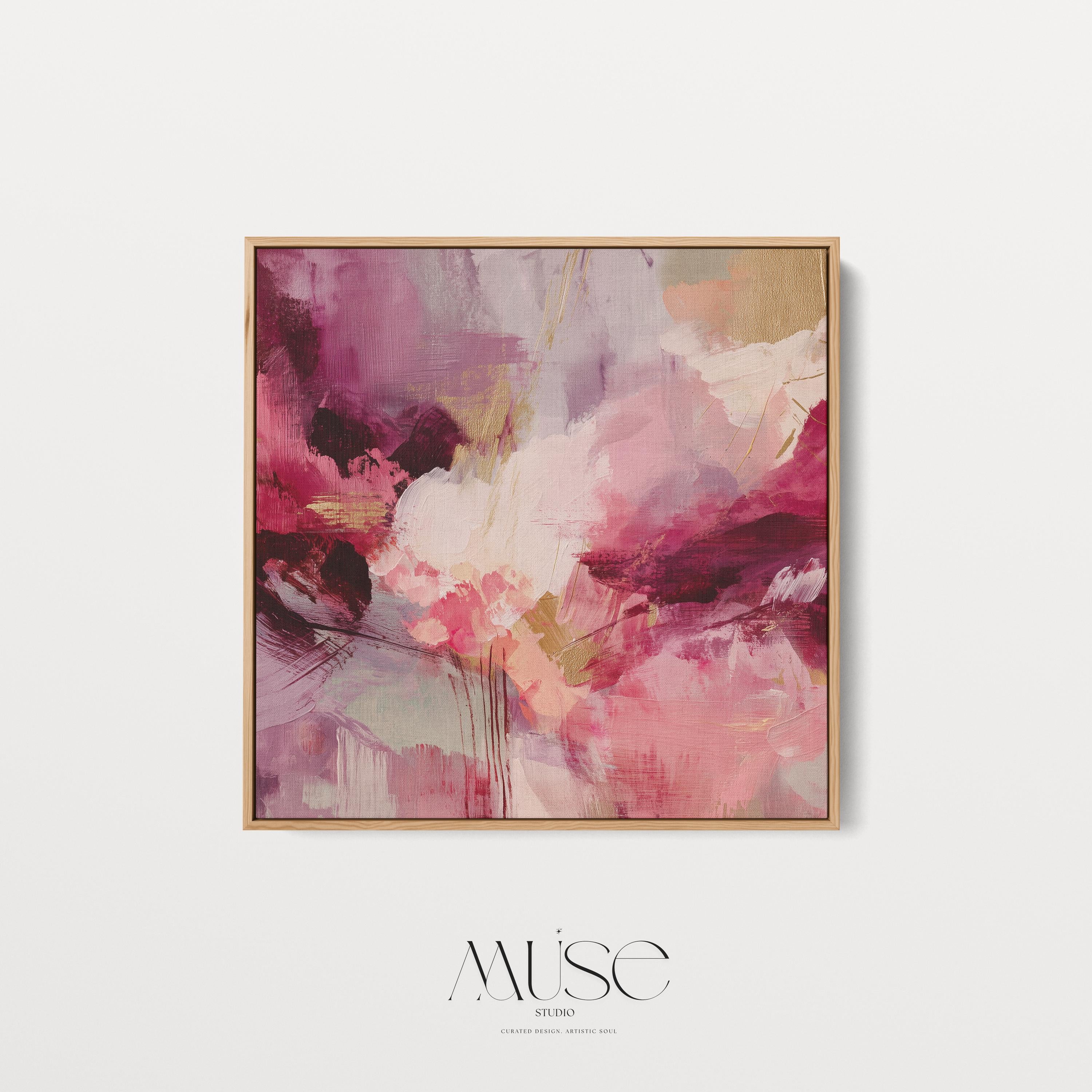 Square abstract wall art featuring expressive layers of raspberry, blush, rose pink, and plum. Aurora 488 by Muse Studio is a bold color pop canvas designed for modern home decor. Shown in natural light with a minimalist setting, this vibrant artwork makes a stunning statement in bedrooms, living rooms, or styled hallways. Offered as a large square framed or unframed canvas, this piece adds drama and artistic elegance to curated spaces.