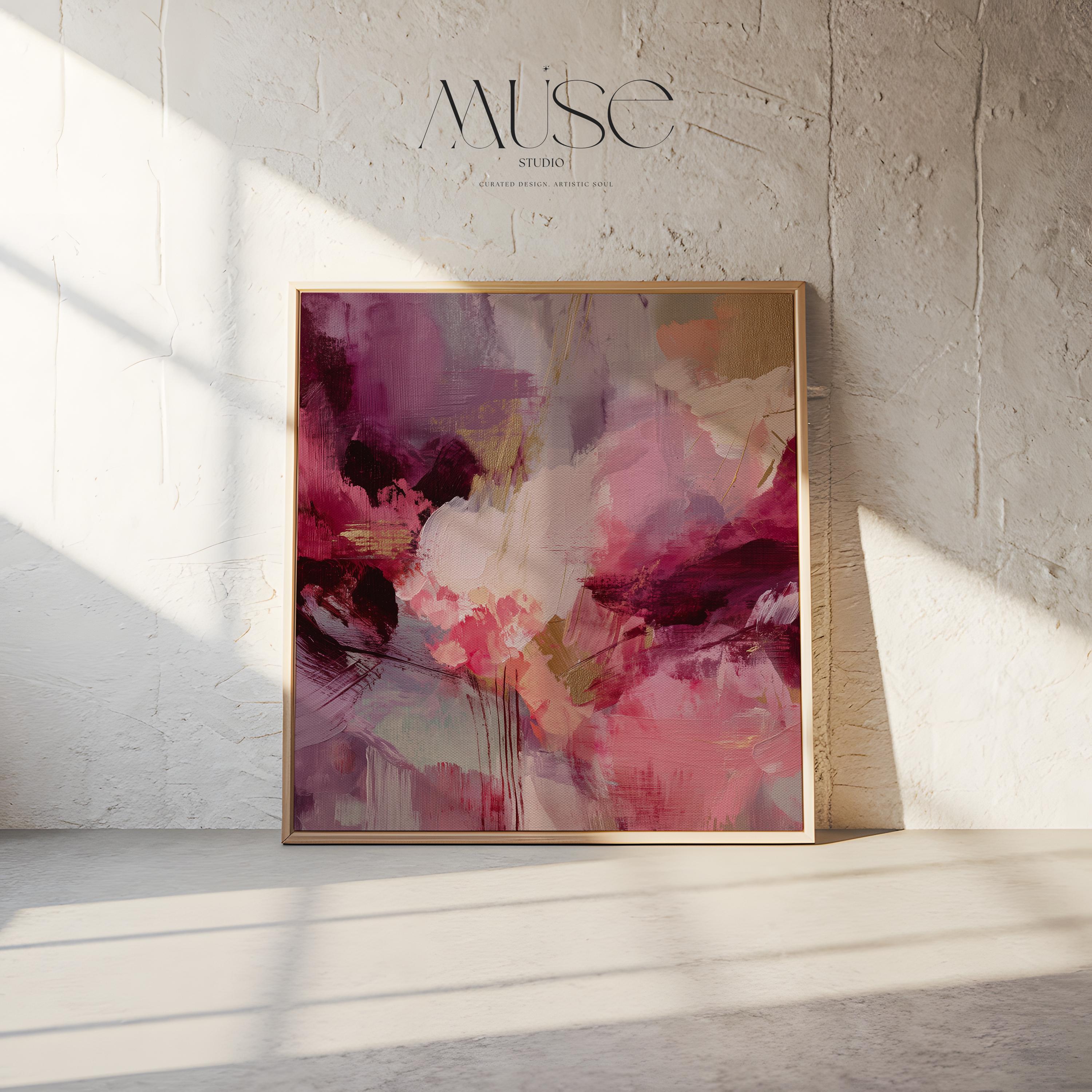 Square abstract wall art featuring expressive layers of raspberry, blush, rose pink, and plum. Aurora 488 by Muse Studio is a bold color pop canvas designed for modern home decor. Shown in natural light with a minimalist setting, this vibrant artwork makes a stunning statement in bedrooms, living rooms, or styled hallways. Offered as a large square framed or unframed canvas, this piece adds drama and artistic elegance to curated spaces.