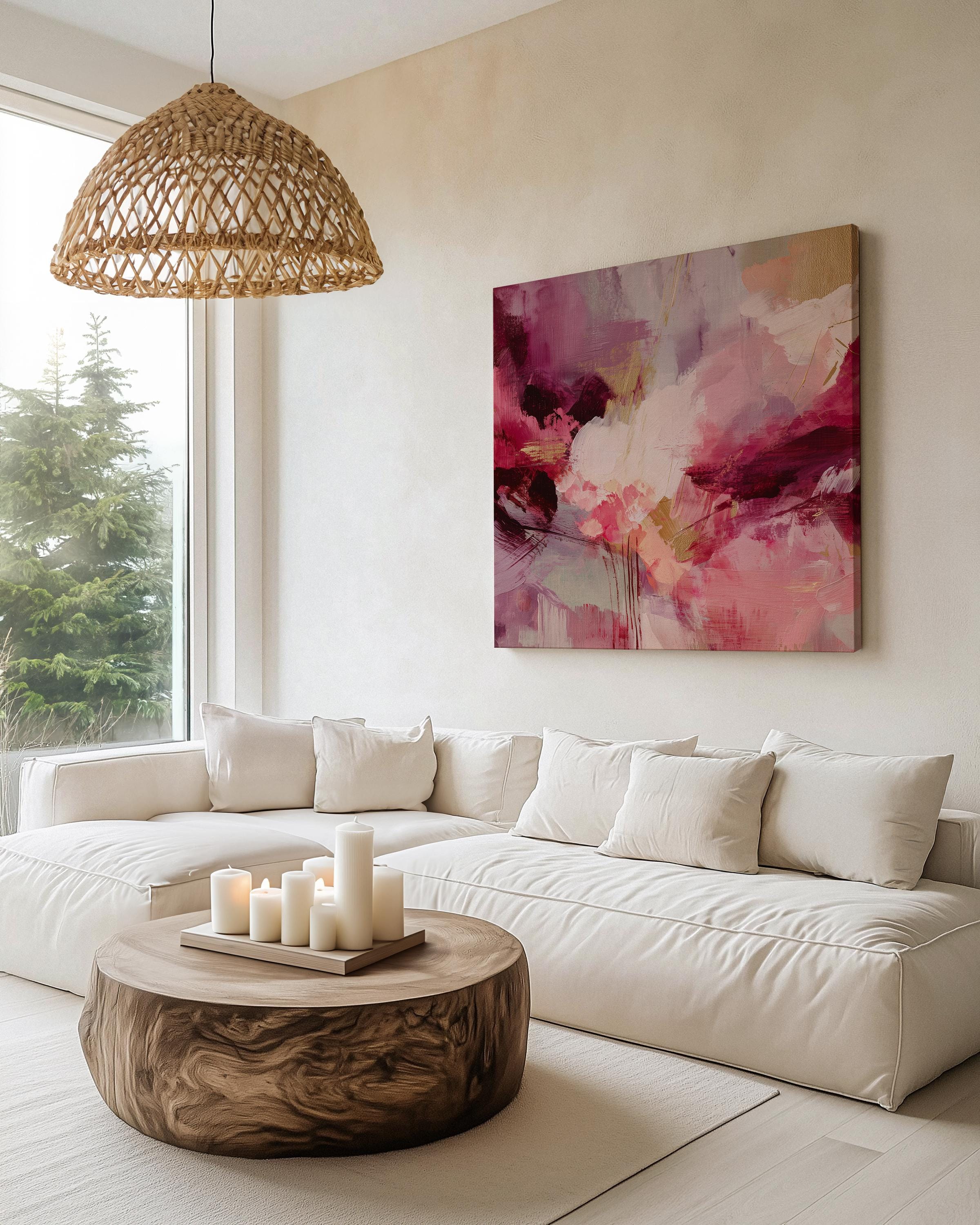 Large Pink Raspberry Canvas Wall Art Abstract Color Pop Painting Bold Contemporary Vertical Art for Living Room or Bedroom Decor – 488