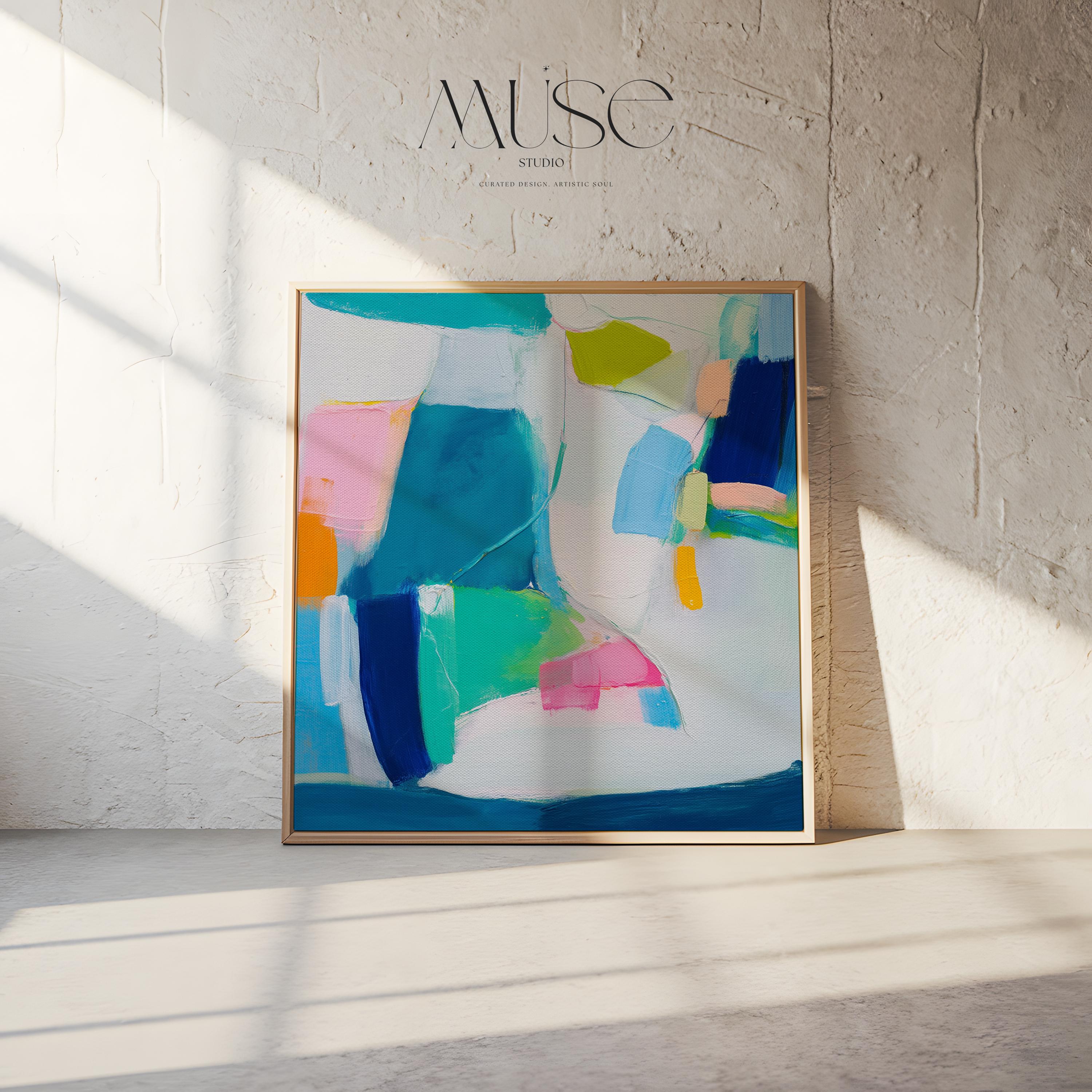 Abstract Color Block Wall Art Teal Blue Pink and Citrus Framed Canvas Bold Geometric Style Modern Living Room Decor Art Square 478