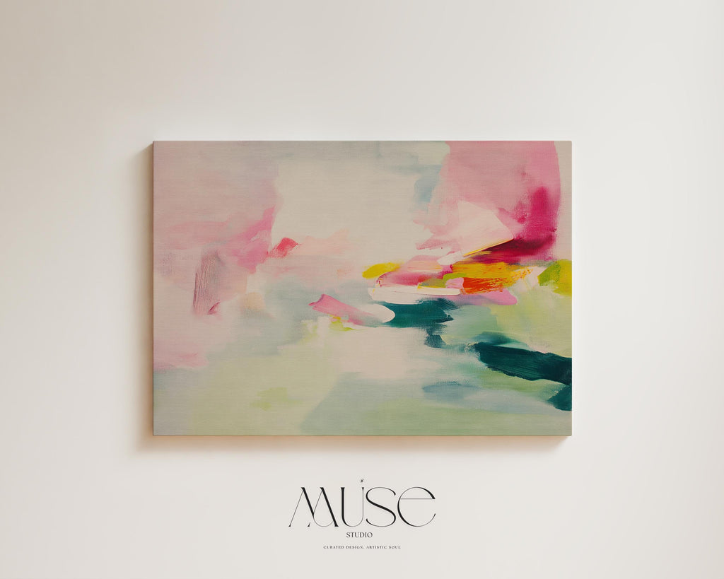 Large abstract canvas wall art with soft contemporary styling in blush pink, seafoam green, and vibrant accents of teal, yellow, and fuchsia. The airy brushwork evokes a dreamy horizon, perfect for serene yet colorful interiors. Shown unframed and mounted in a modern room with warm light and minimalist styling. Ideal for living rooms, bedrooms, or design-forward spaces. From Muse Studio – curated boutique decor art styled for life.