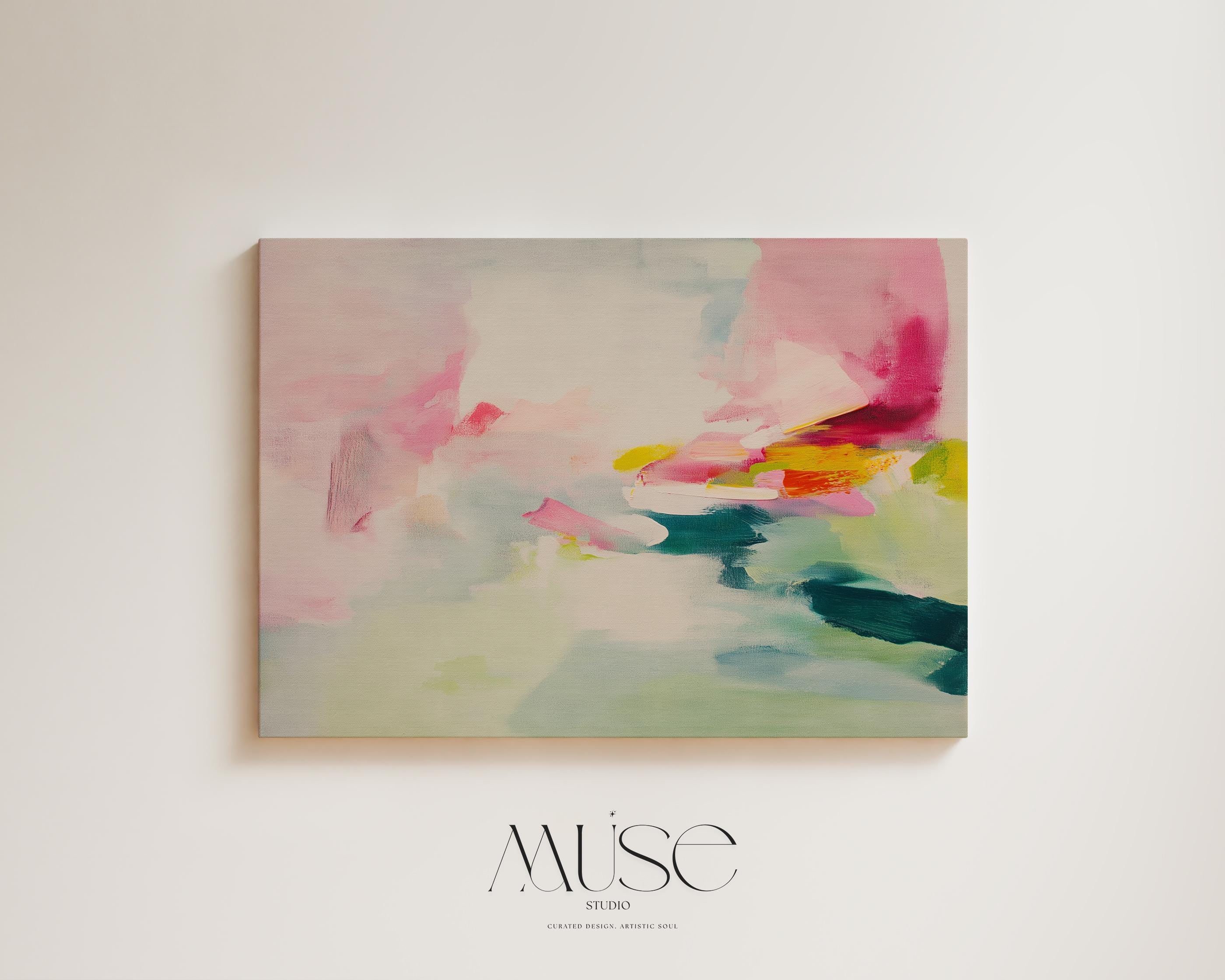 Large abstract canvas wall art with soft contemporary styling in blush pink, seafoam green, and vibrant accents of teal, yellow, and fuchsia. The airy brushwork evokes a dreamy horizon, perfect for serene yet colorful interiors. Shown unframed and mounted in a modern room with warm light and minimalist styling. Ideal for living rooms, bedrooms, or design-forward spaces. From Muse Studio – curated boutique decor art styled for life.