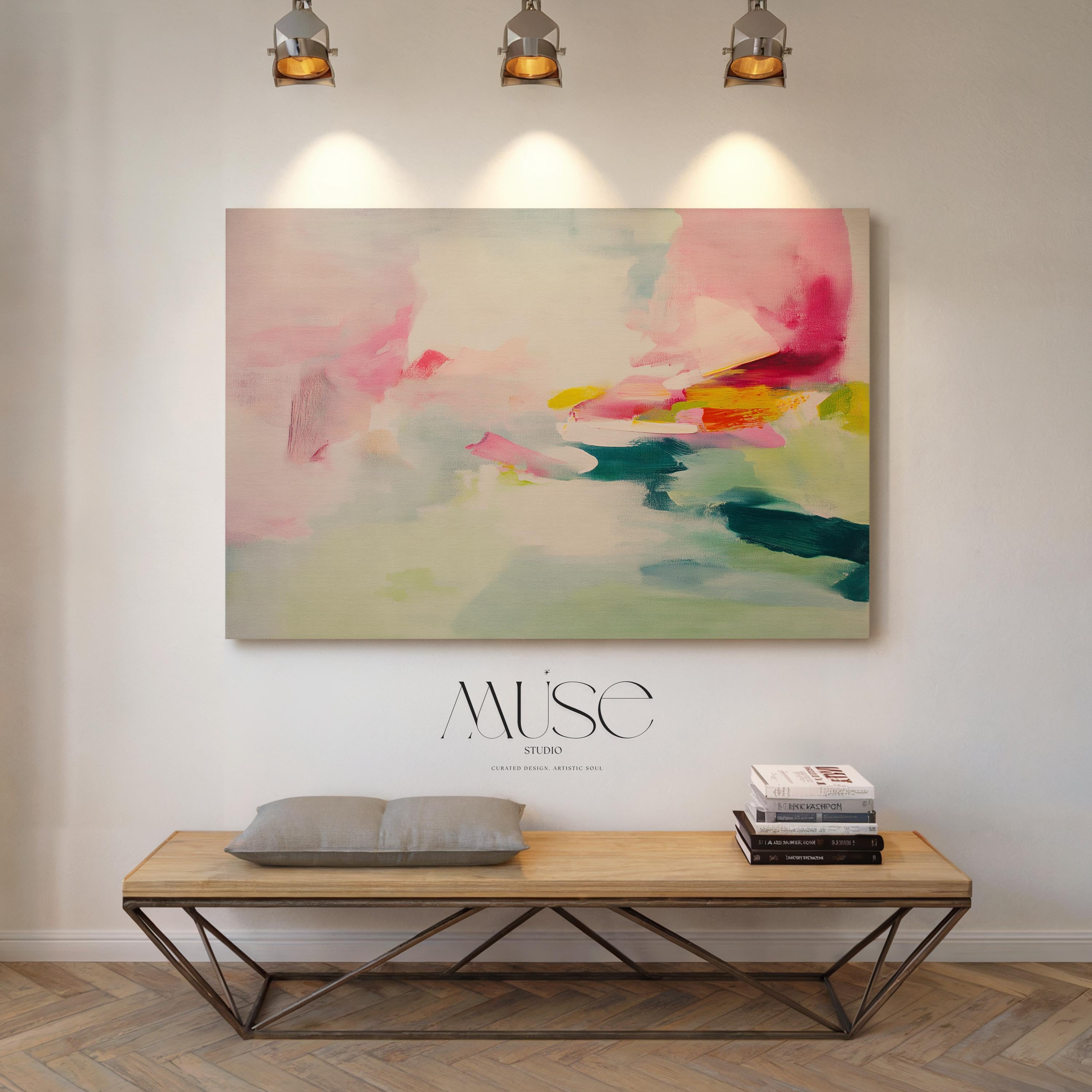 Large abstract canvas wall art with soft contemporary styling in blush pink, seafoam green, and vibrant accents of teal, yellow, and fuchsia. The airy brushwork evokes a dreamy horizon, perfect for serene yet colorful interiors. Shown unframed and mounted in a modern room with warm light and minimalist styling. Ideal for living rooms, bedrooms, or design-forward spaces. From Muse Studio – curated boutique decor art styled for life.