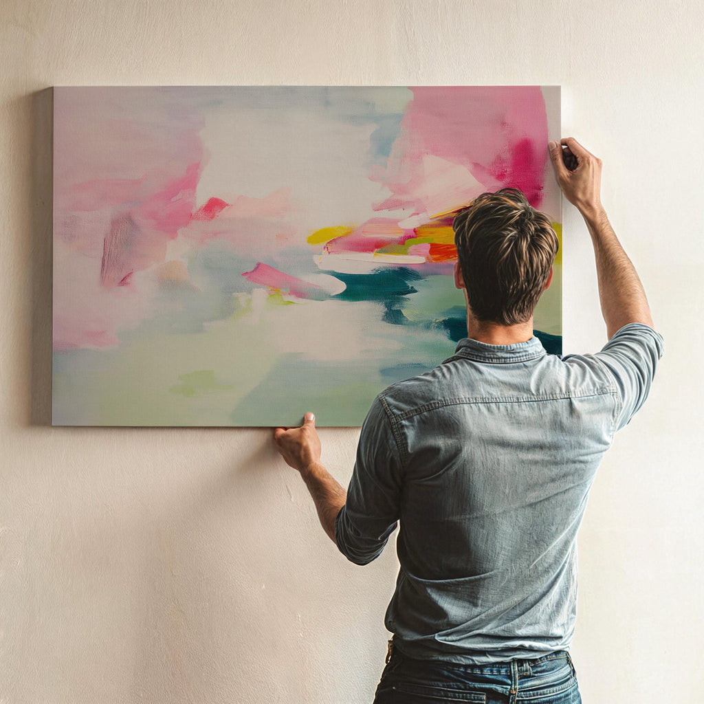 Large abstract canvas wall art with soft contemporary styling in blush pink, seafoam green, and vibrant accents of teal, yellow, and fuchsia. The airy brushwork evokes a dreamy horizon, perfect for serene yet colorful interiors. Shown unframed and mounted in a modern room with warm light and minimalist styling. Ideal for living rooms, bedrooms, or design-forward spaces. From Muse Studio – curated boutique decor art styled for life.