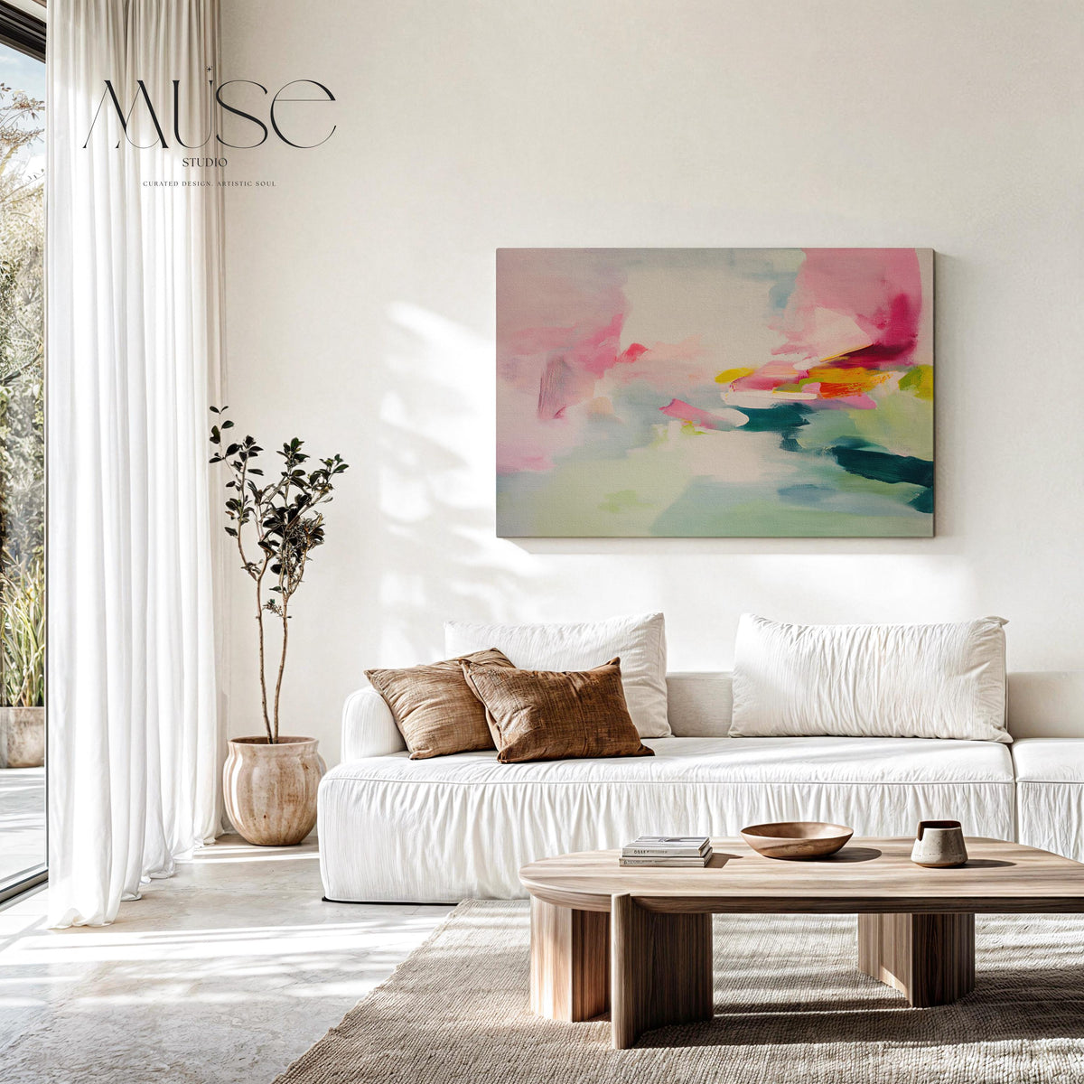 Large abstract canvas wall art with soft contemporary styling in blush pink, seafoam green, and vibrant accents of teal, yellow, and fuchsia. The airy brushwork evokes a dreamy horizon, perfect for serene yet colorful interiors. Shown unframed and mounted in a modern room with warm light and minimalist styling. Ideal for living rooms, bedrooms, or design-forward spaces. From Muse Studio – curated boutique decor art styled for life.