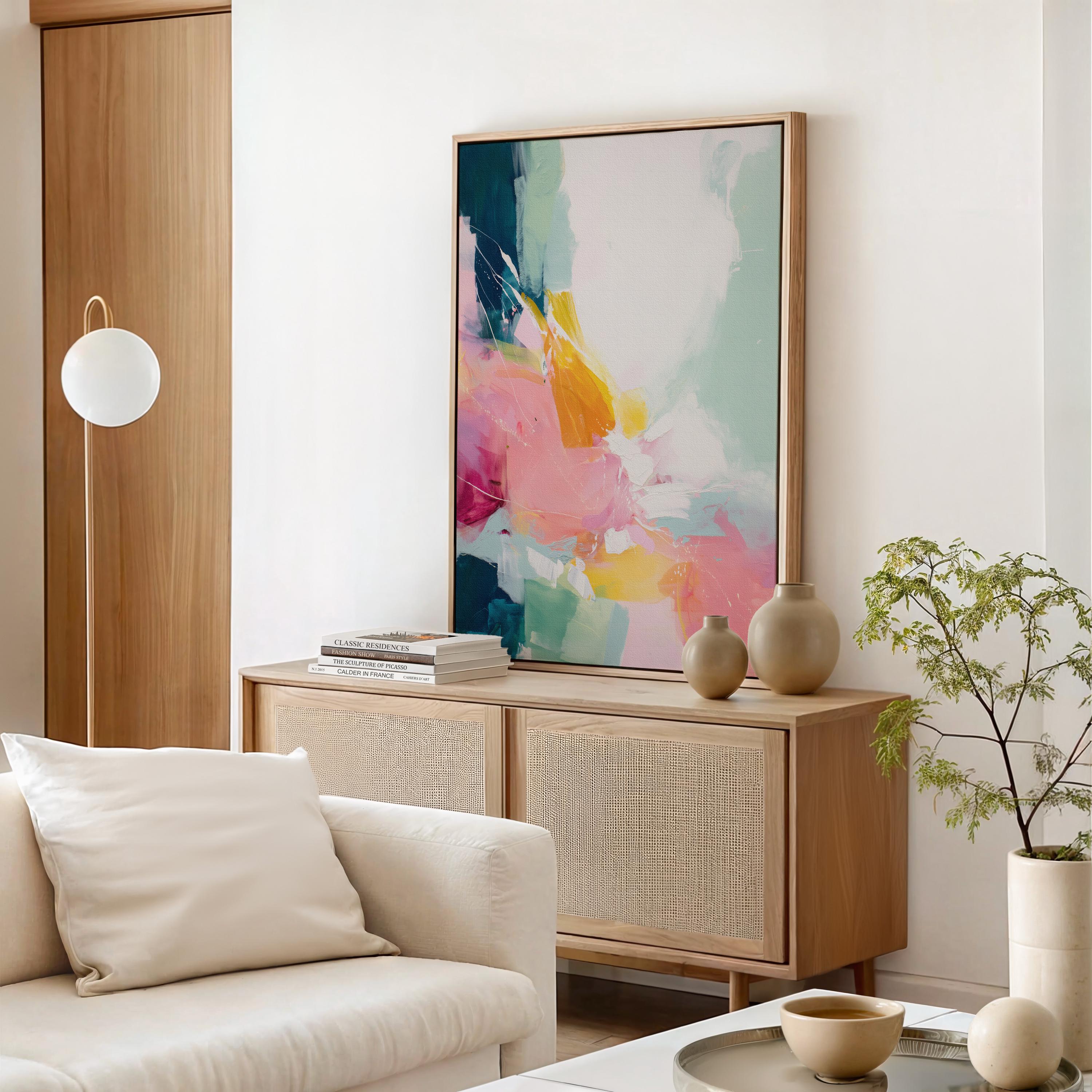 Framed abstract wall art pink teal and yellow painting soft contemporary color pop vertical canvas for bedroom or entryway decor 495