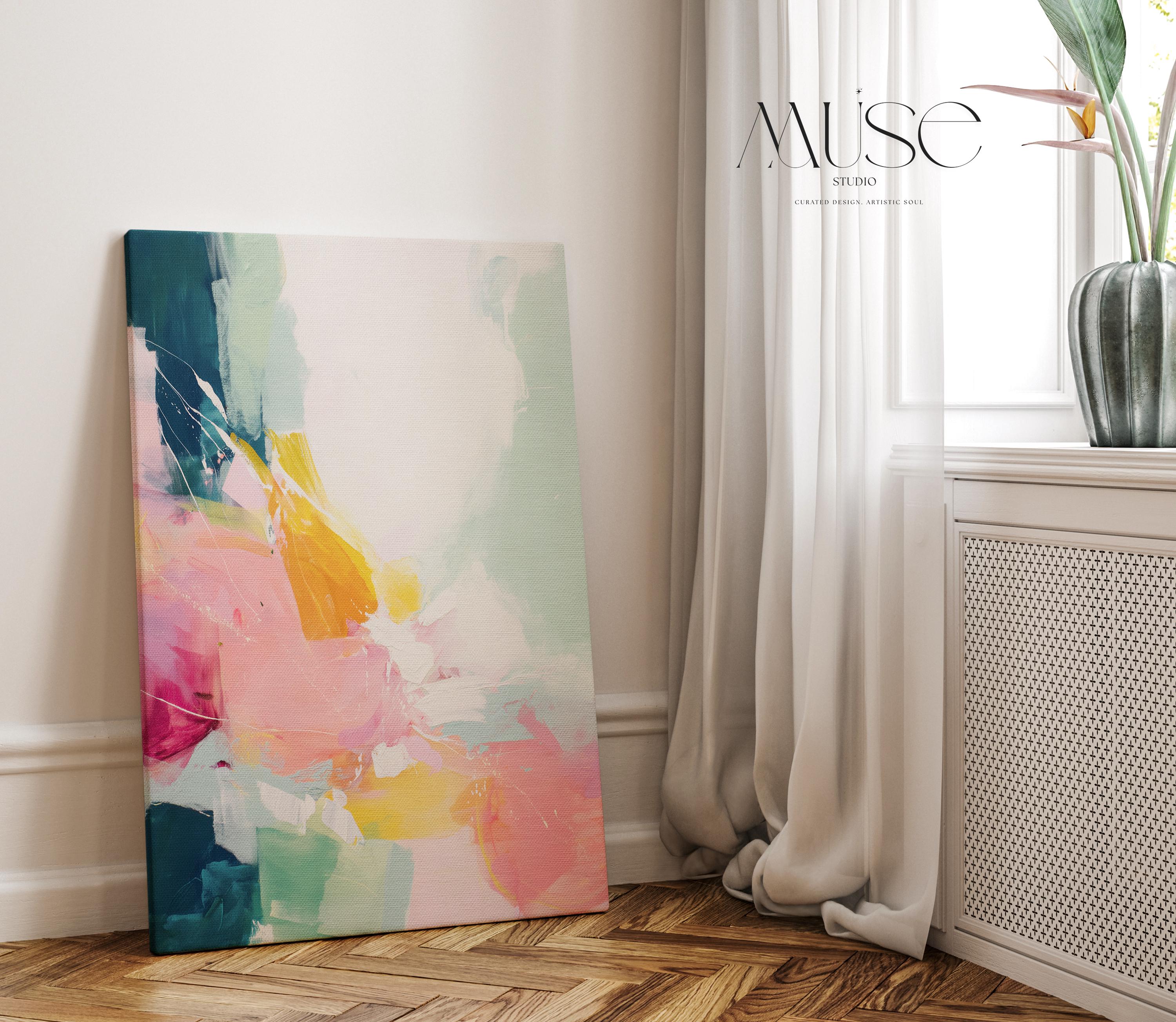 Vertical abstract wall art with soft contemporary styling, featuring bold strokes of pink, coral, teal, yellow, and soft mint green. The vibrant yet airy composition is printed on a high-quality canvas, displayed against a clean white wall in natural light. This color pop artwork from Muse Studio brings energetic movement and a modern touch to curated interiors, perfect for bedrooms, entryways, or stylish living spaces.