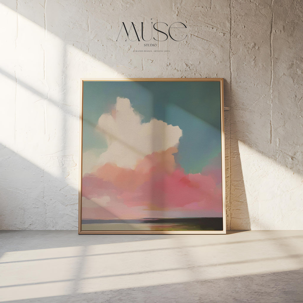 Soft Sky Wall Art Pink Blue Landscape Pastel Framed Canvas Coastal Horizon Art Serene Abstract Decor for Bedroom or Living Room 467 Framed Canvas Art Colorful abstract wall art on framed canvas, perfect for bold decor art and modern wall decor. Large statement piece with expressive brushstrokes and rich textures. Ready-to-hang giclée canvas designed to energize living rooms, offices, bedrooms and curated interiors. Muse Studio Decor Art.