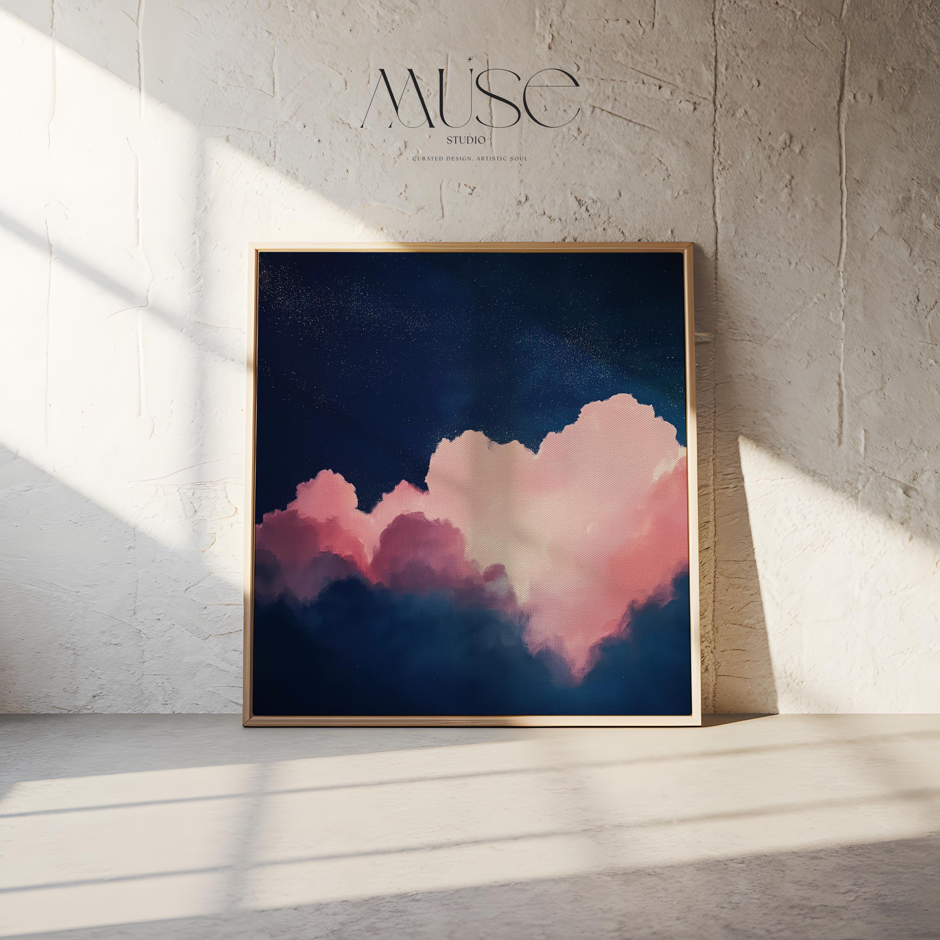 Oversized Canvas Wall Art Pink and Navy Cloud Painting Framed Abstract Sky Bedroom Decor Soft Contemporary Calm Mood Piece 466 Framed Canvas Art Colorful abstract wall art on framed canvas, perfect for bold decor art and modern wall decor. Large statement piece with expressive brushstrokes and rich textures. Ready-to-hang giclée canvas designed to energize living rooms, offices, bedrooms and curated interiors. Muse Studio Decor Art.