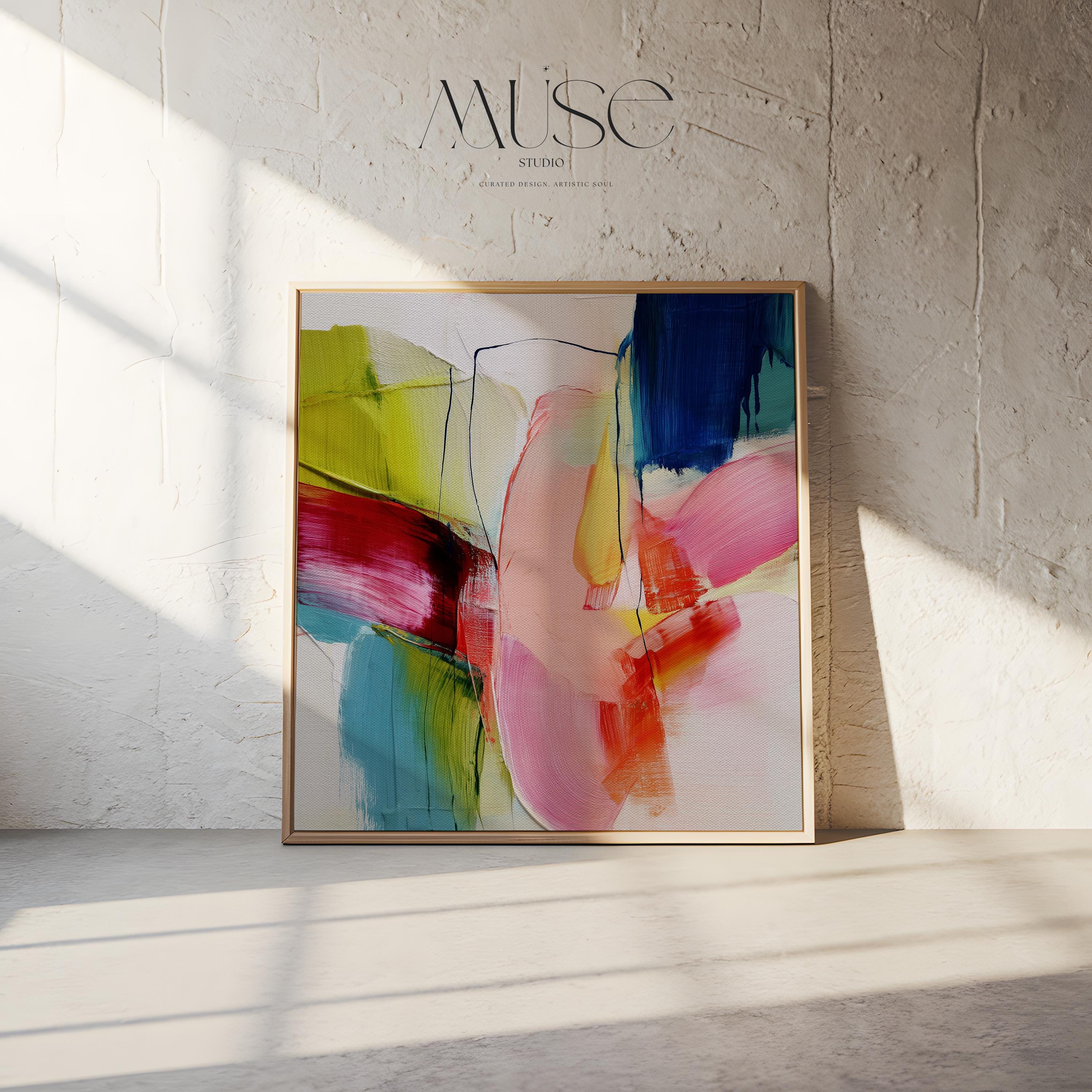 Bold Abstract Canvas Wall Art Color Pop Pink Blue Green Square Framed Modern Painting for Living Room or Office Decor Statement Art 464 Framed Canvas Art Colorful abstract wall art on framed canvas, perfect for bold decor art and modern wall decor. Large statement piece with expressive brushstrokes and rich textures. Ready-to-hang giclée canvas designed to energize living rooms, offices, bedrooms and curated interiors. Muse Studio Decor Art.