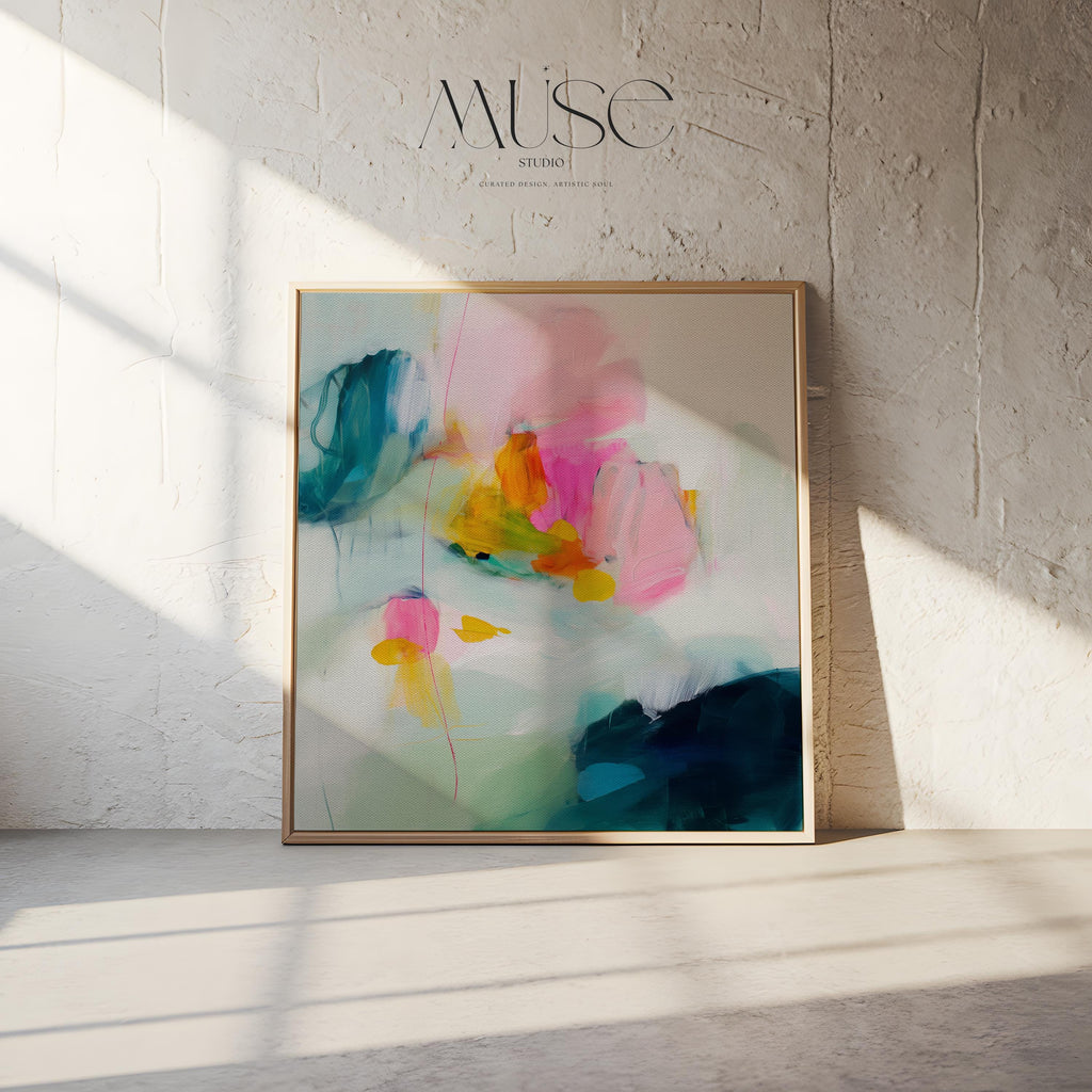Large Pastel Abstract Canvas Wall Art in Pink, Teal, and Yellow, Framed Soft Neutral Painting for Dining Room or Entryway 454 Framed Canvas Art Colorful abstract wall art on framed canvas, perfect for bold decor art and modern wall decor. Large statement piece with expressive brushstrokes and rich textures. Ready-to-hang giclée canvas designed to energize living rooms, offices, and curated interiors. Muse Studio Decor Art.