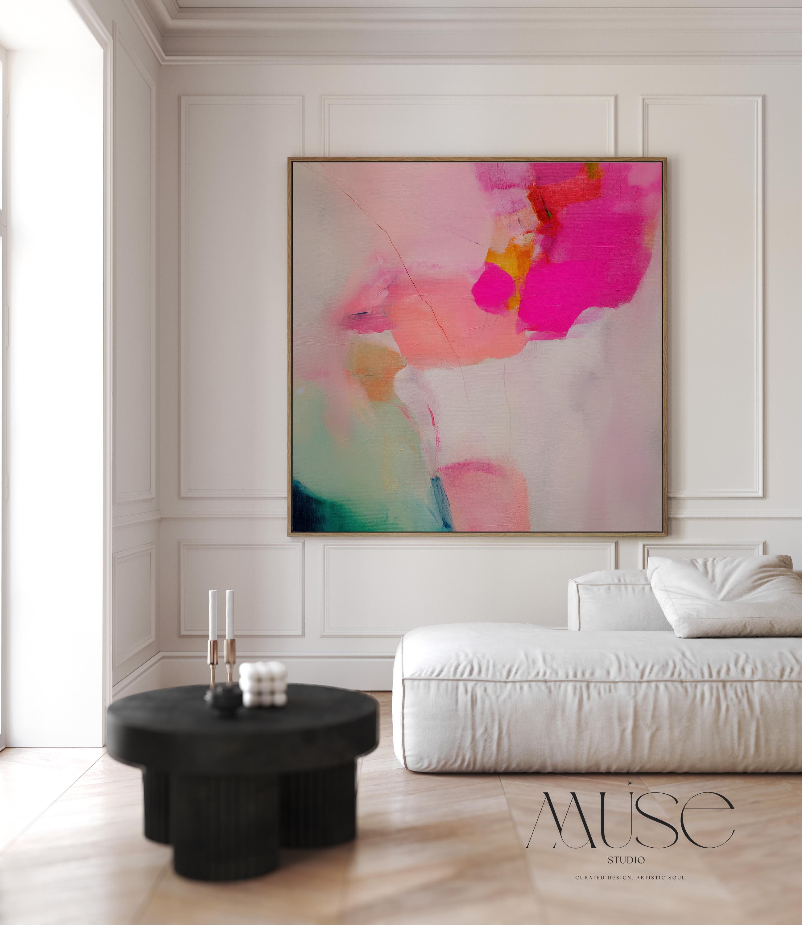 Framed Wall Art in Soft Pastel Pink and Green Modern Large Square Abstract Canvas  Decor for Living Room Oversized Statement Artwork 433 Colorful abstract wall art on framed canvas, perfect for bold decor art and modern wall decor. Large statement piece with expressive brushstrokes and rich textures. Ready-to-hang giclée canvas designed to energize living rooms, offices, and curated interiors. Muse Studio Decor Art.