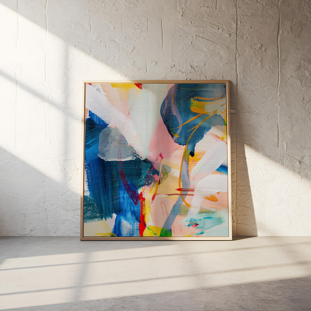 Framed Square Abstract Art Colorful Modern Canvas Painting Pink Blue Yellow Bold Giclee Wall Art for Living Room or Office | 336