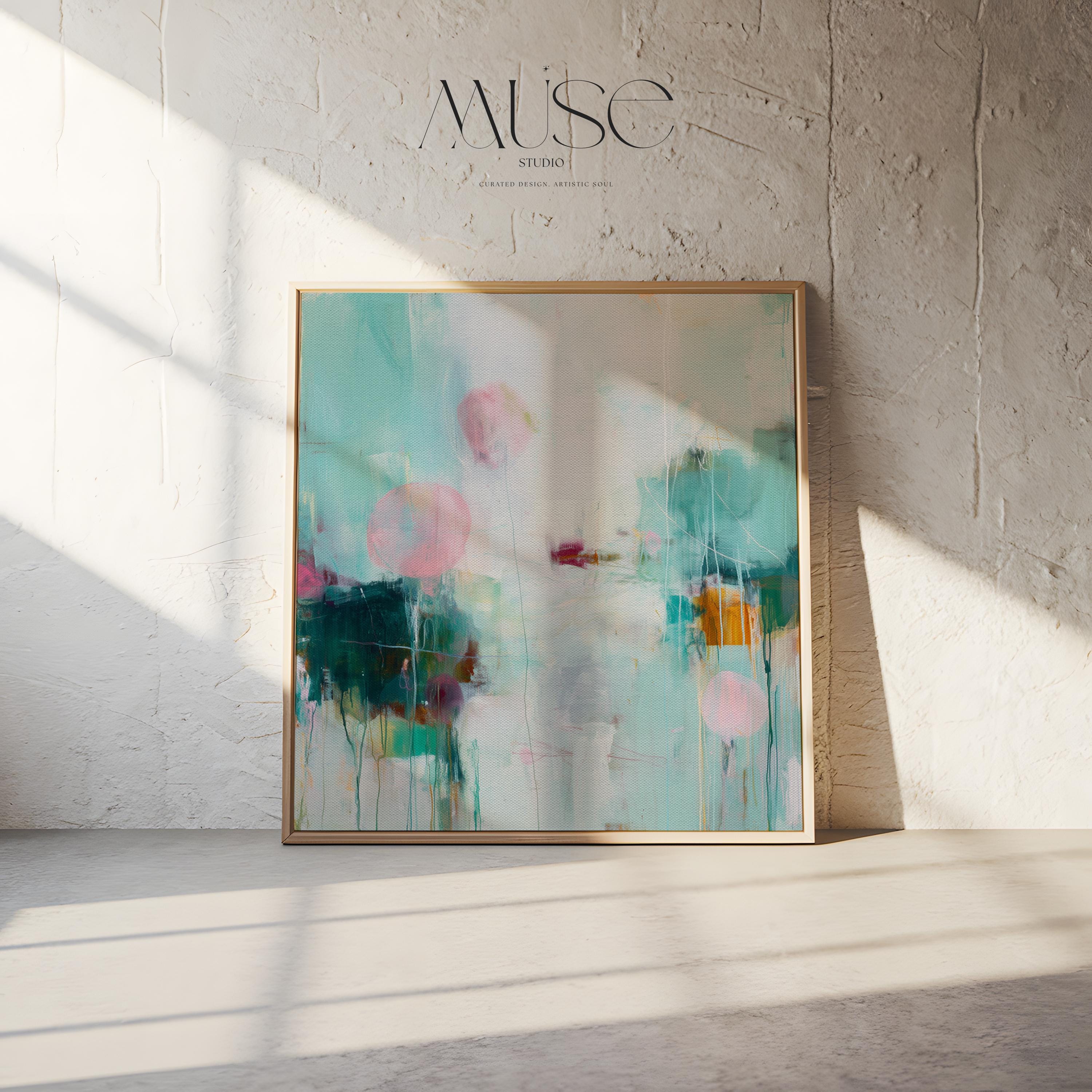 Oversized Canvas Wall Art Aqua Pink Abstract Painting Framed Large Modern Home Office Dining Room Decor Soft Contemporary Statement Art 464
