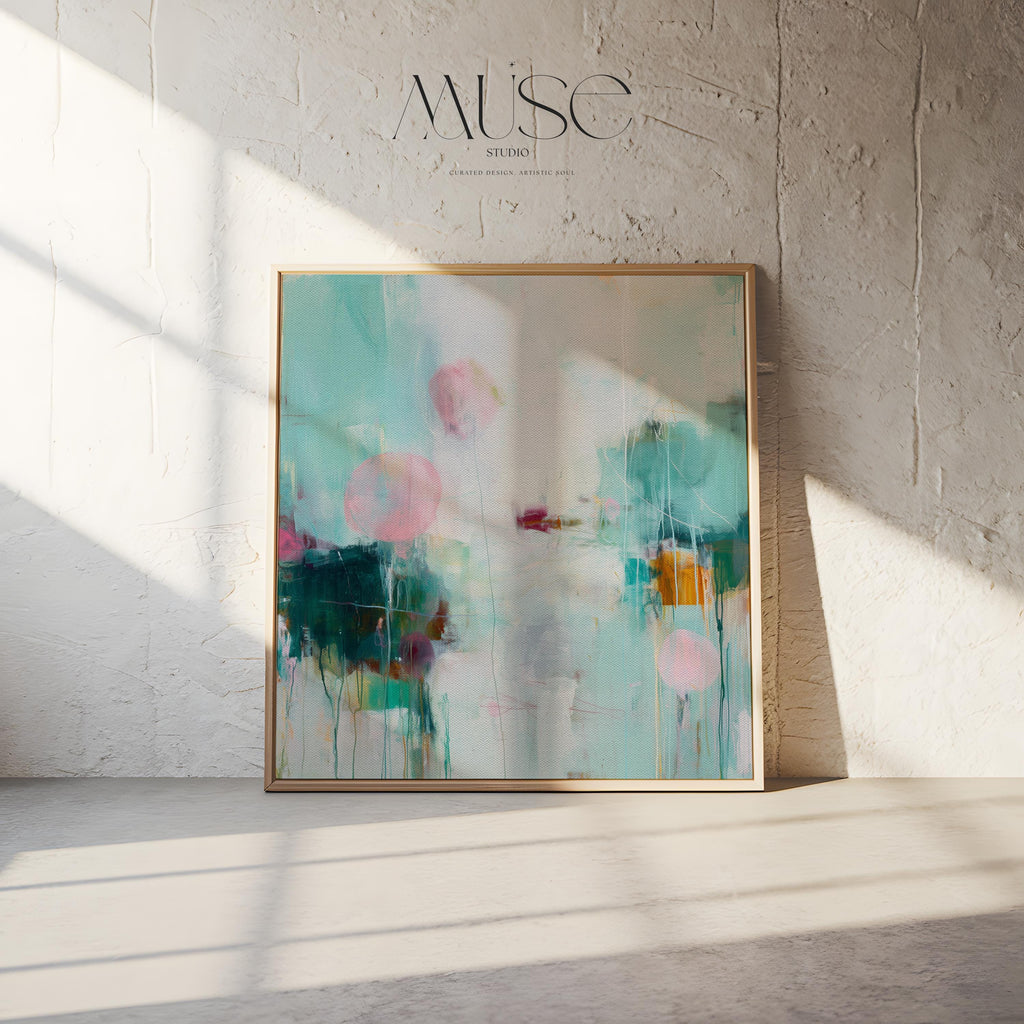 Oversized Canvas Wall Art Aqua Pink Abstract Painting Framed Large Modern Home Office Dining Room Decor Soft Contemporary Statement Art 464 Framed Canvas Art Colorful abstract wall art on framed canvas, perfect for bold decor art and modern wall decor. Large statement piece with expressive brushstrokes and rich textures. Ready-to-hang giclée canvas designed to energize living rooms, offices, bedrooms and curated interiors. Muse Studio Decor Art.